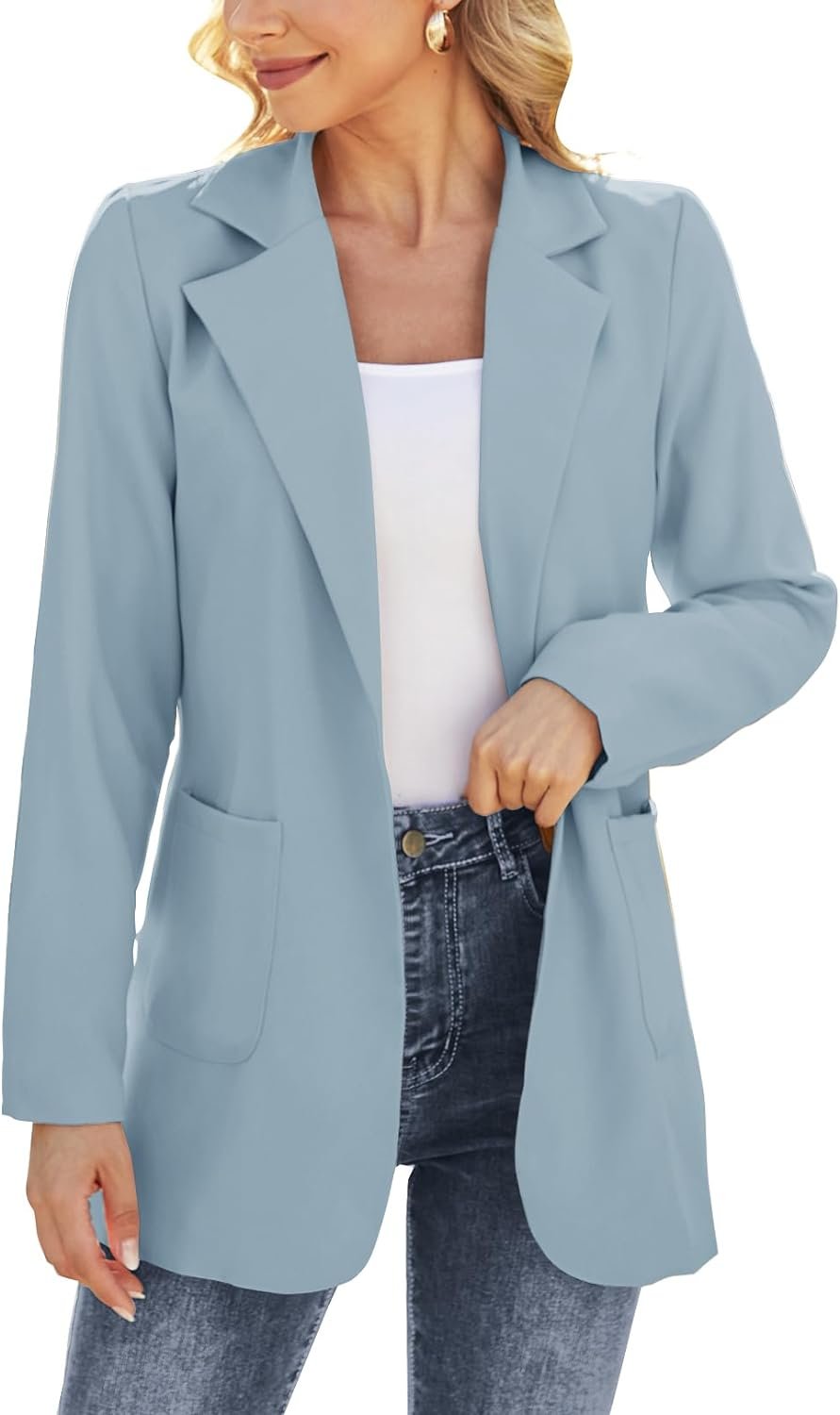 Women Open Front Blazers Long Sleeve Casual OL Office Slim Buttonless Suit Jacket with Pockets