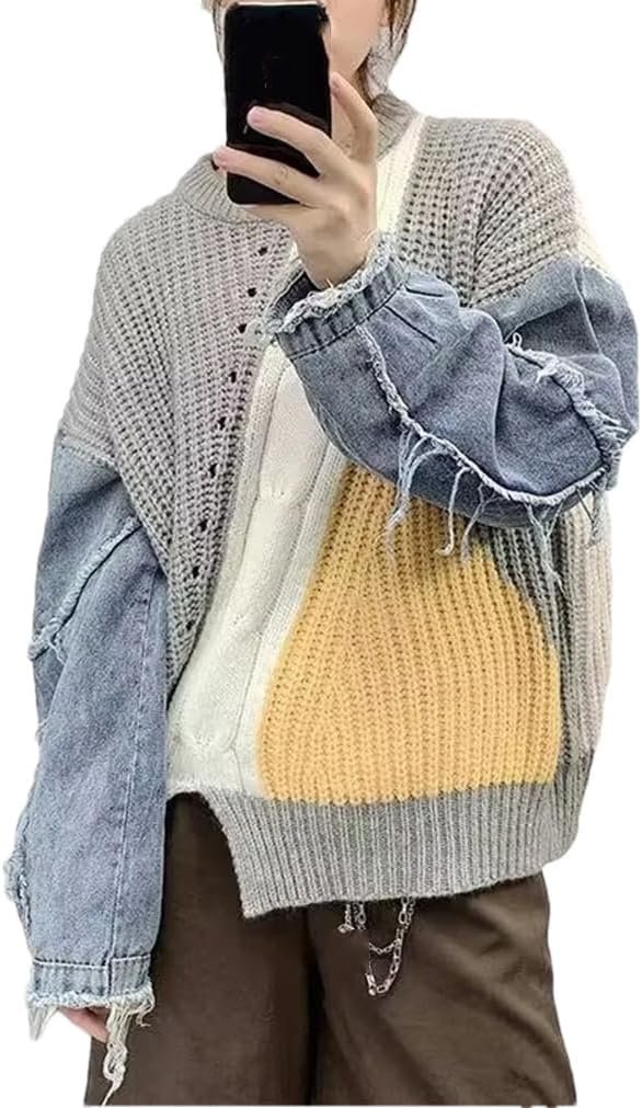 Fashion Women's Sweater Autumn Winter Contrast Denim Loose Fitting Pullover Street Fashion Casual O-Neck Knitwear Tops