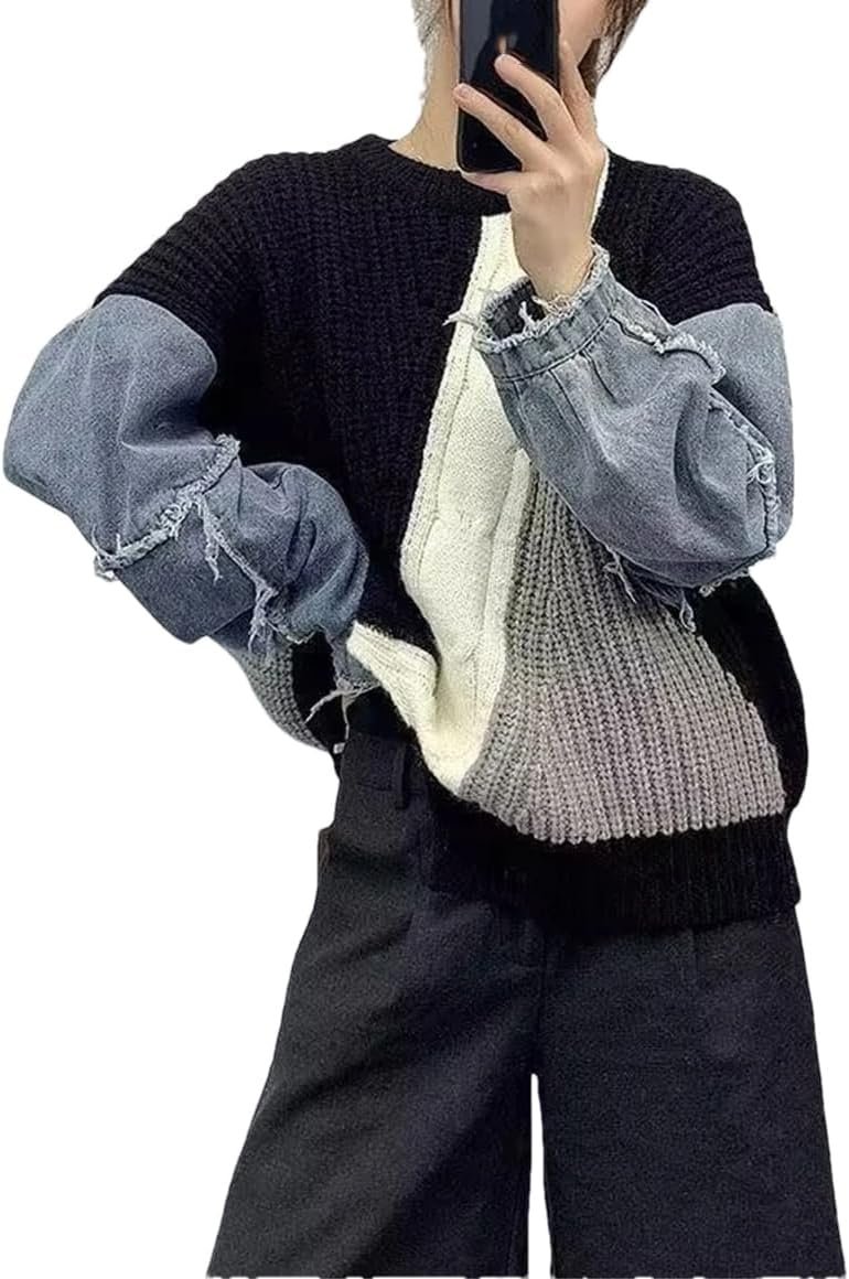 Fashion Women's Sweater Autumn Winter Contrast Denim Loose Fitting Pullover Street Fashion Casual O-Neck Knitwear Tops