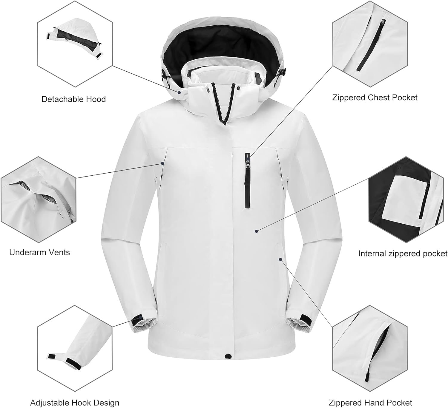 Women's 3 in 1 Ski Jacket Mountain Waterproof Windproof Winter Snow Coat Hike Snowboarding Jackets Hooded Warm Raincoat