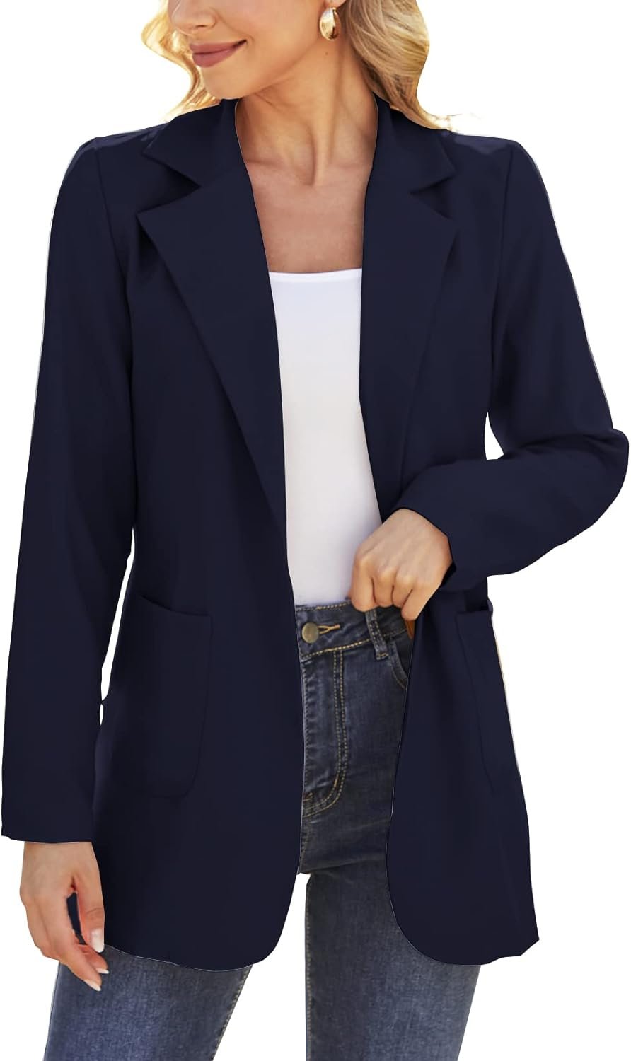 Women Open Front Blazers Long Sleeve Casual OL Office Slim Buttonless Suit Jacket with Pockets