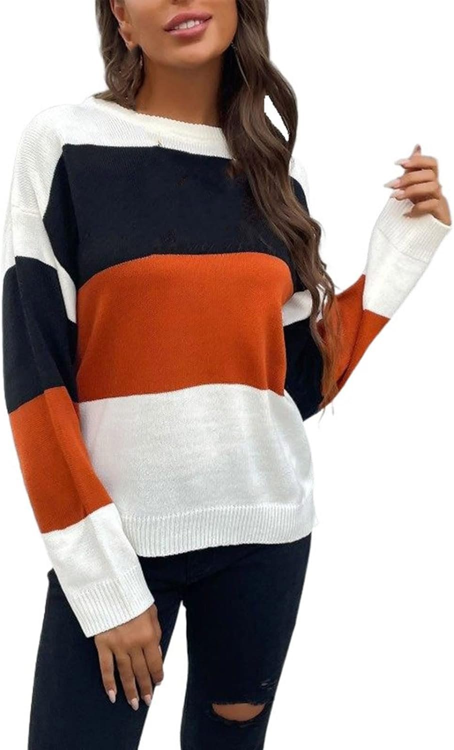 61G4taZsewL._AC_SL1500 Womens Color Block Sweaters Long Sleeve Crewneck Pullover Knit Jumper Tops Fashion Casual Striped Knitwear Sweater