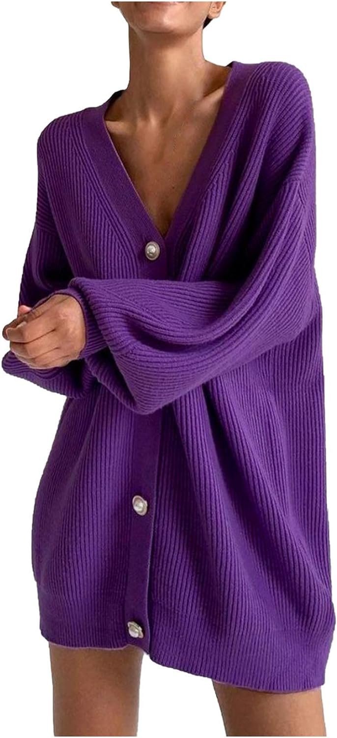 Womens Oversized Sweater Cardigan Fashion Solid Color Knitwear Long Sleeves Pearl Buttons Knit Coat Blouse Tops