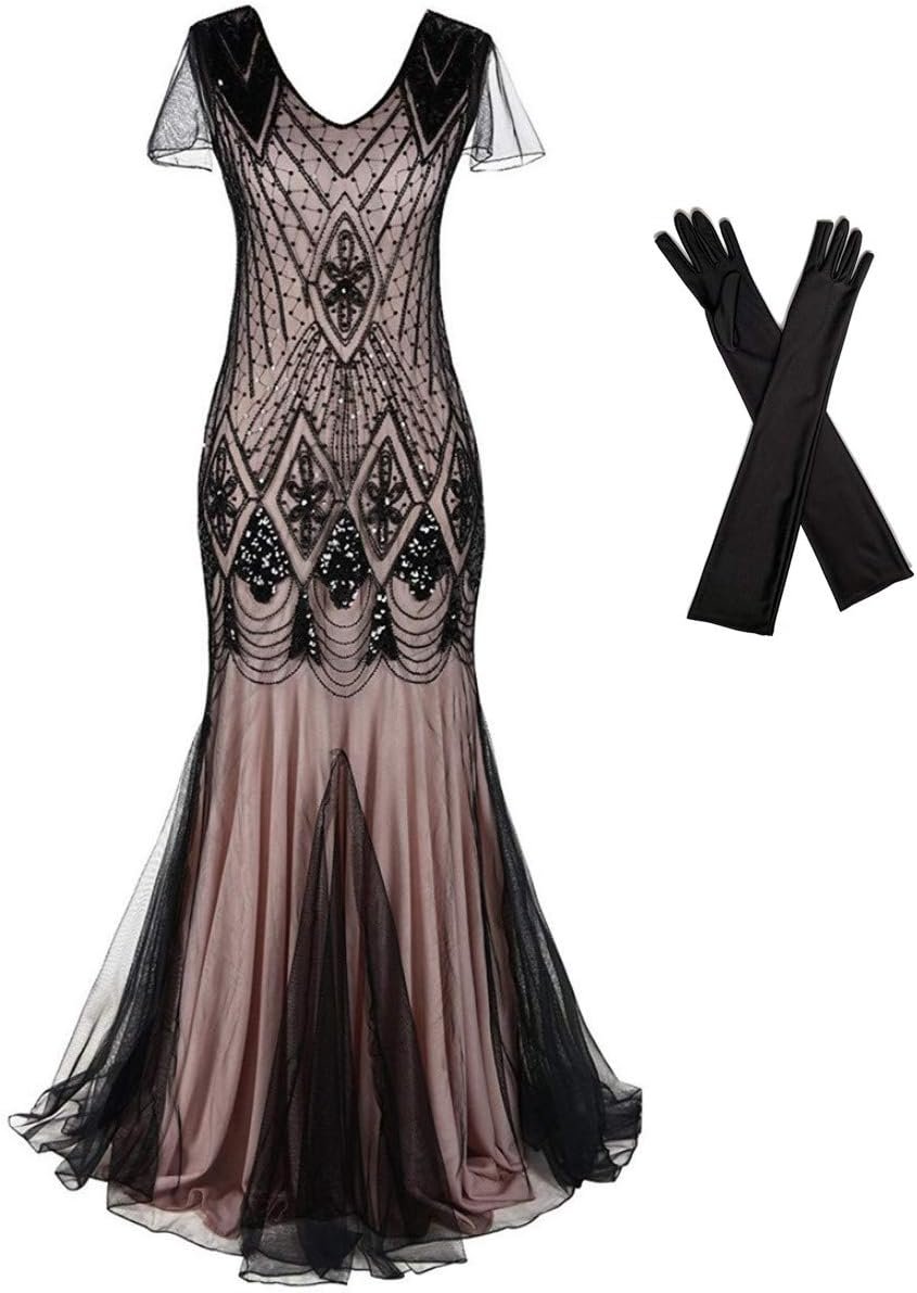 Women Evening Dress 1920s Flapper Cocktail Mermaid Plus Size Formal Gown with Long Gloves