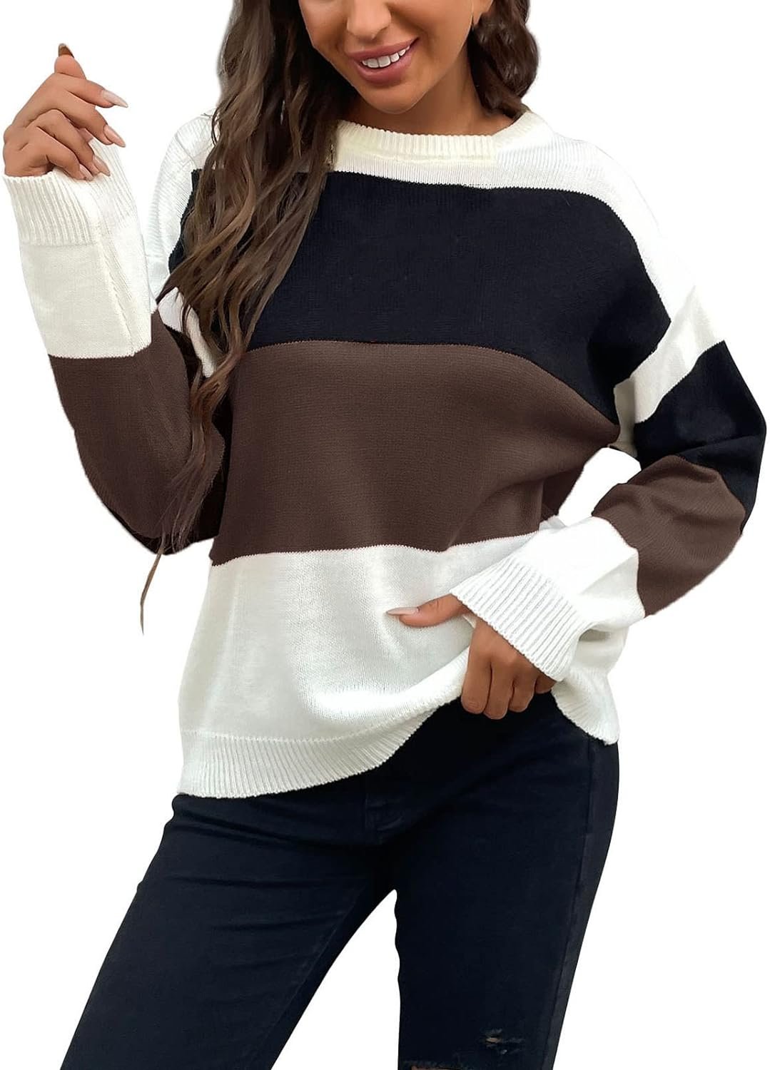 61VDpnQGSGL._AC_SL1500 Womens Color Block Sweaters Long Sleeve Crewneck Pullover Knit Jumper Tops Fashion Casual Striped Knitwear Sweater