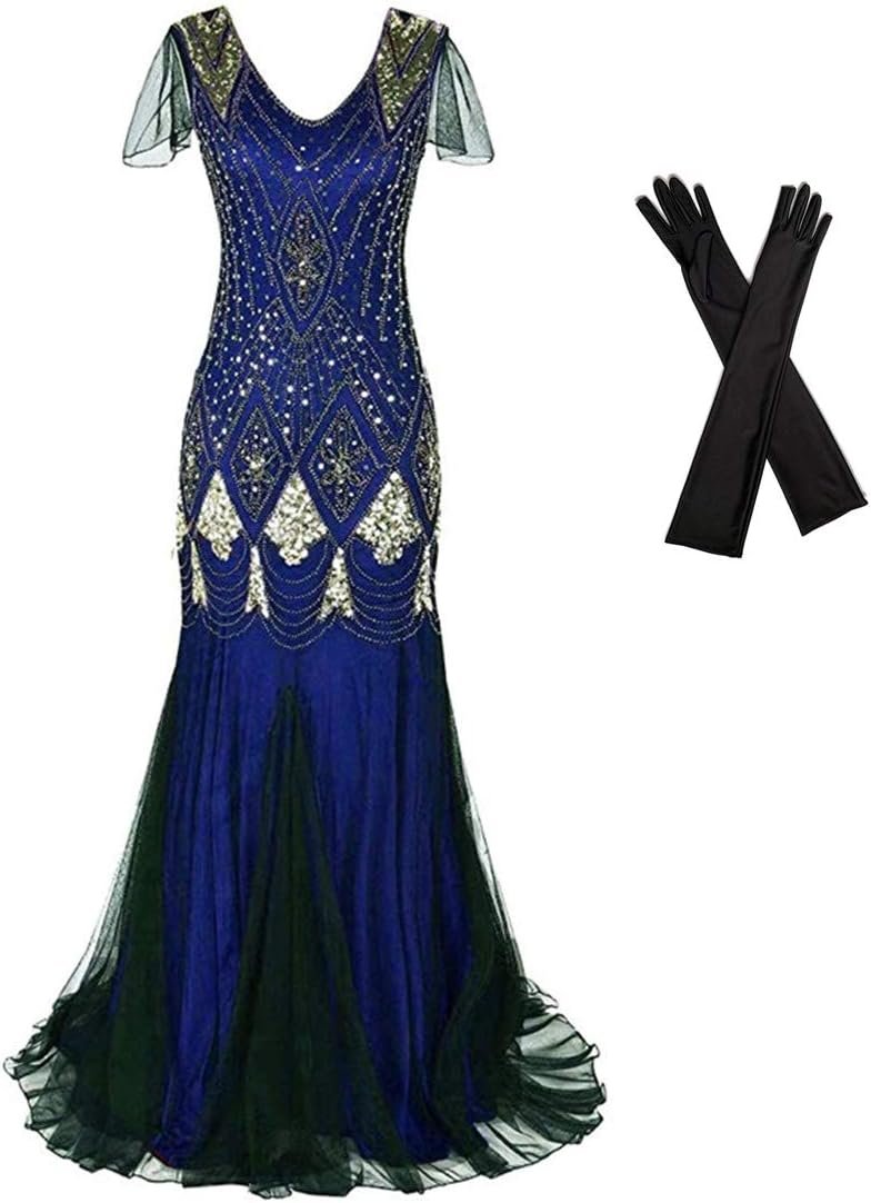Women Evening Dress 1920s Flapper Cocktail Mermaid Plus Size Formal Gown with Long Gloves