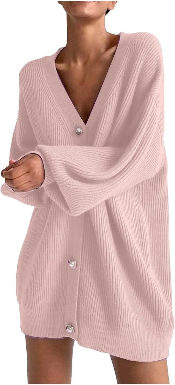 Womens Oversized Sweater Cardigan Fashion Solid Color Knitwear Long Sleeves Pearl Buttons Knit Coat Blouse Tops