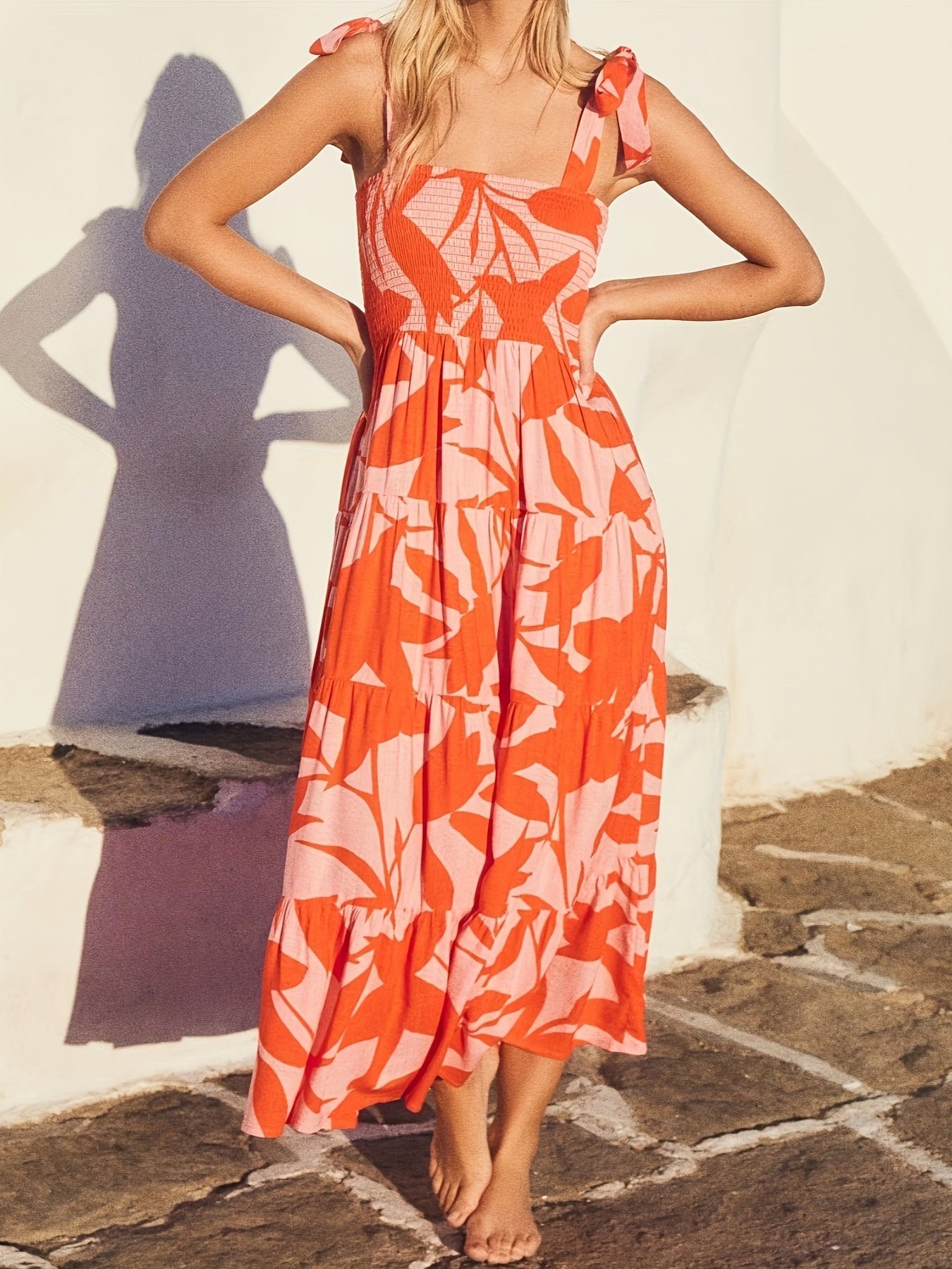 Shirred Tie Shoulder Ruffle Hem Dress, Vacation Sleeveless Cami Dress For Spring & Summer, Women's Clothing