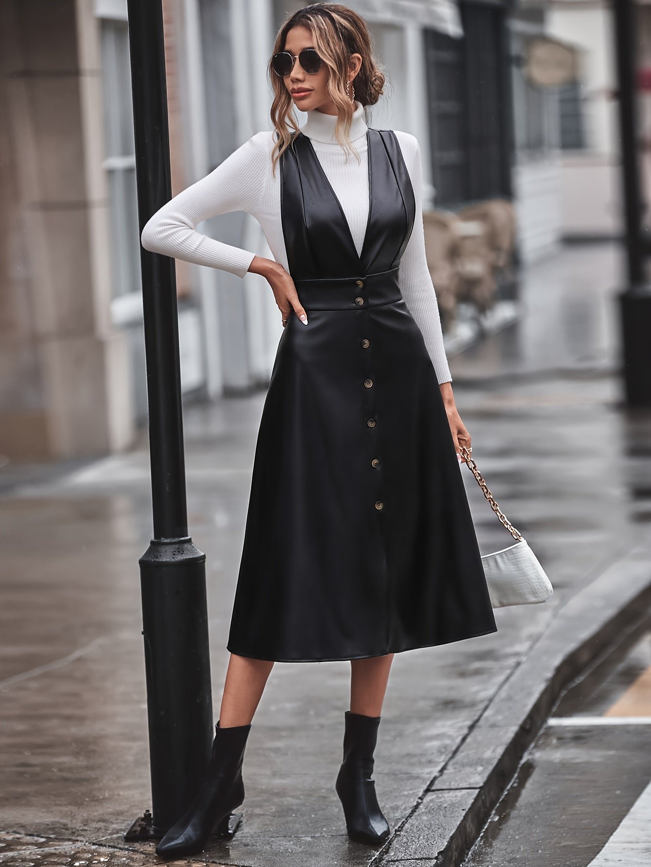 Faux Leather Button Decor Dress, Stylish Plunge Neck A-line Dress, Women's Clothing