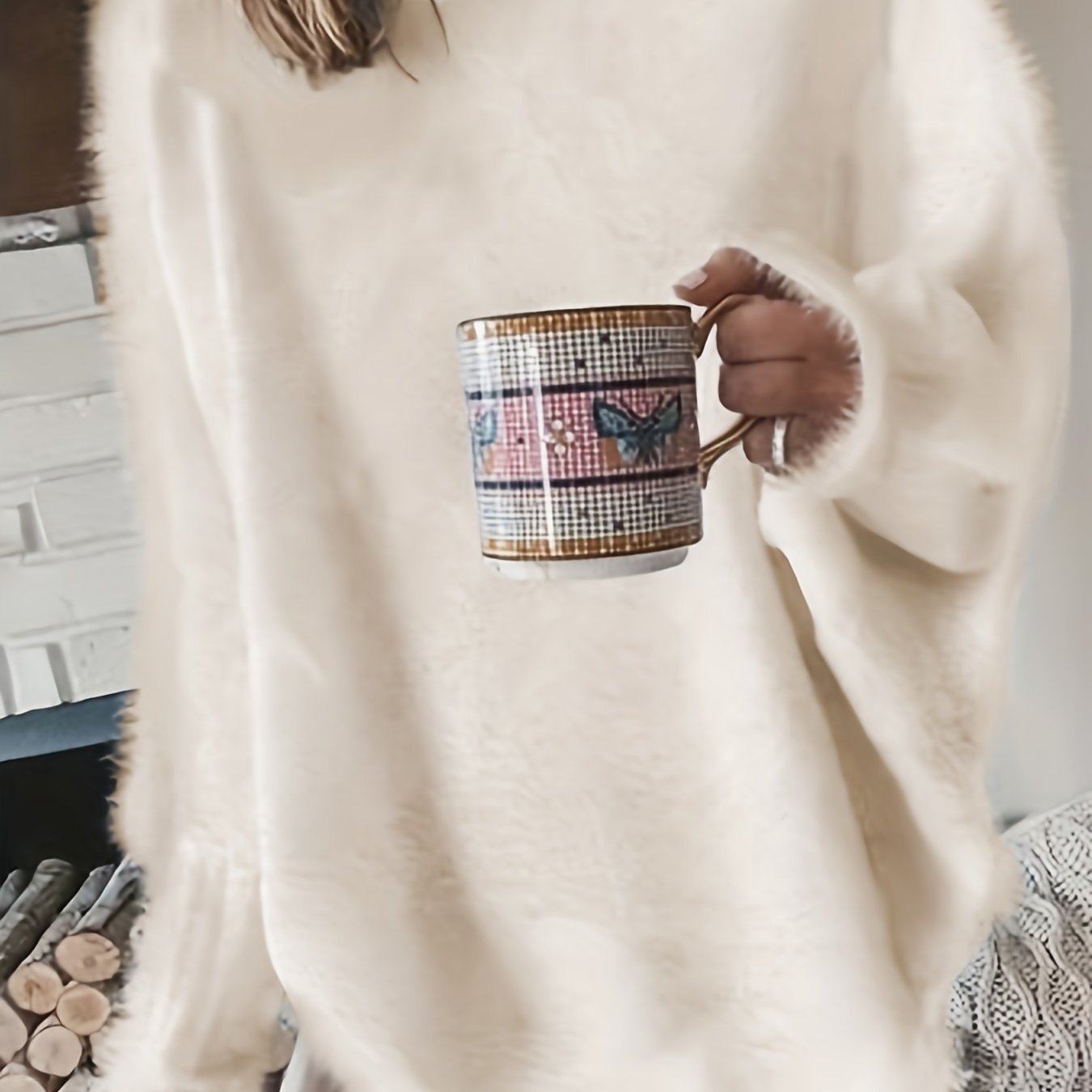 Plus Size Casual Sweater, Women's Plus Solid Fluffy Round Neck Long Sleeve Sweater