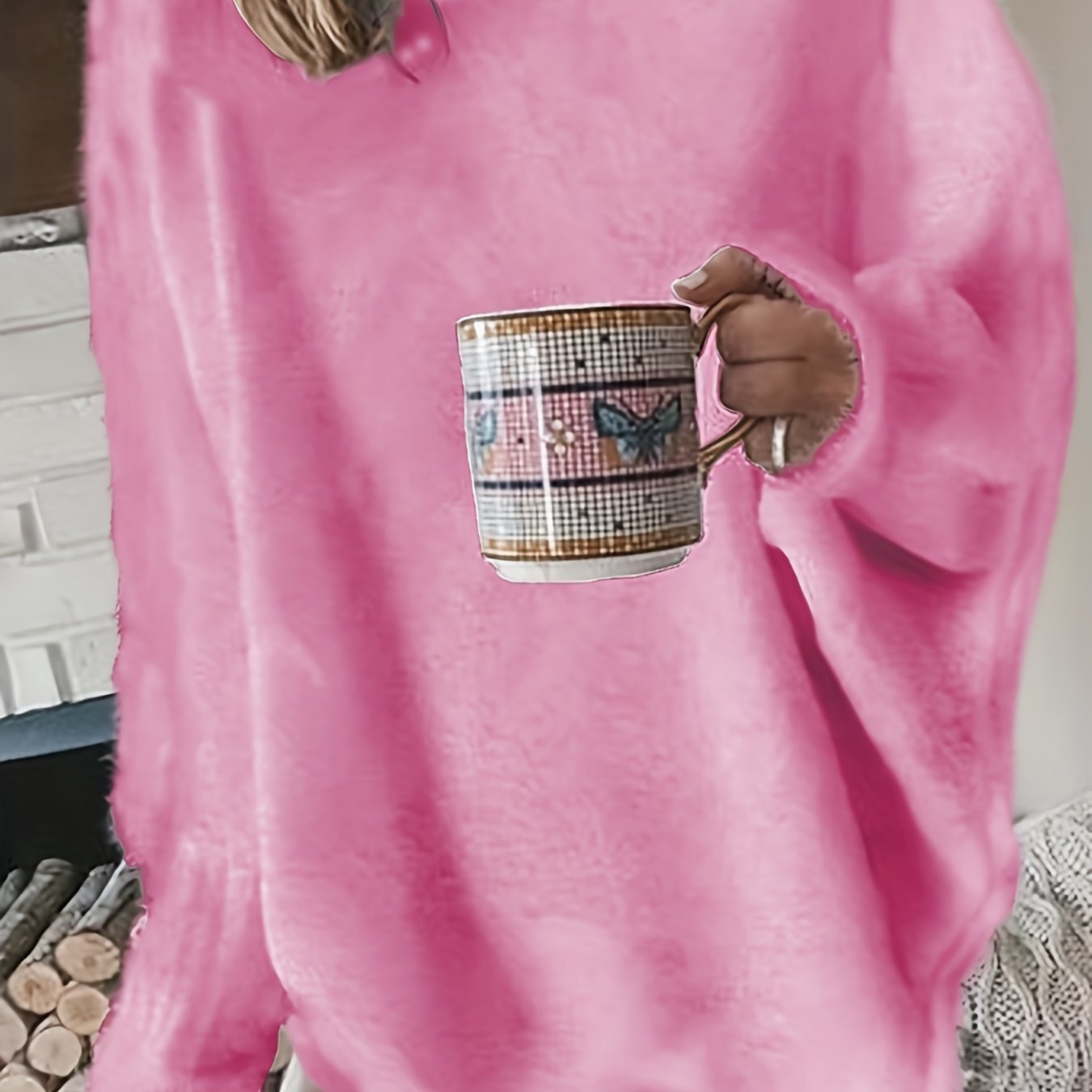 Plus Size Casual Sweater, Women's Plus Solid Fluffy Round Neck Long Sleeve Sweater