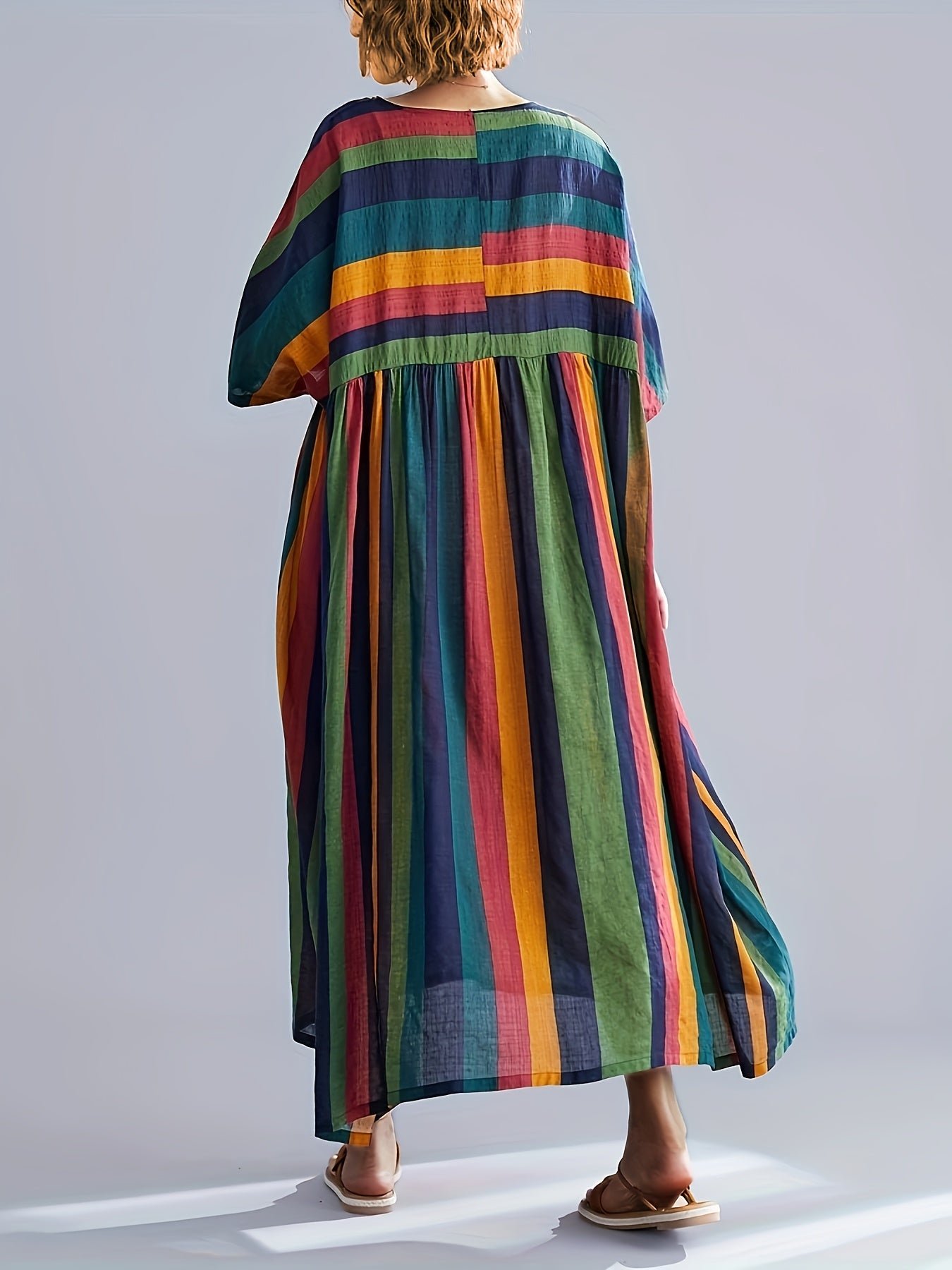 Plus Size Colorblock Stripe Print Loose Dress, Casual 3/4 Sleeve Dress For Spring & Summer, Women's Plus Size Clothing