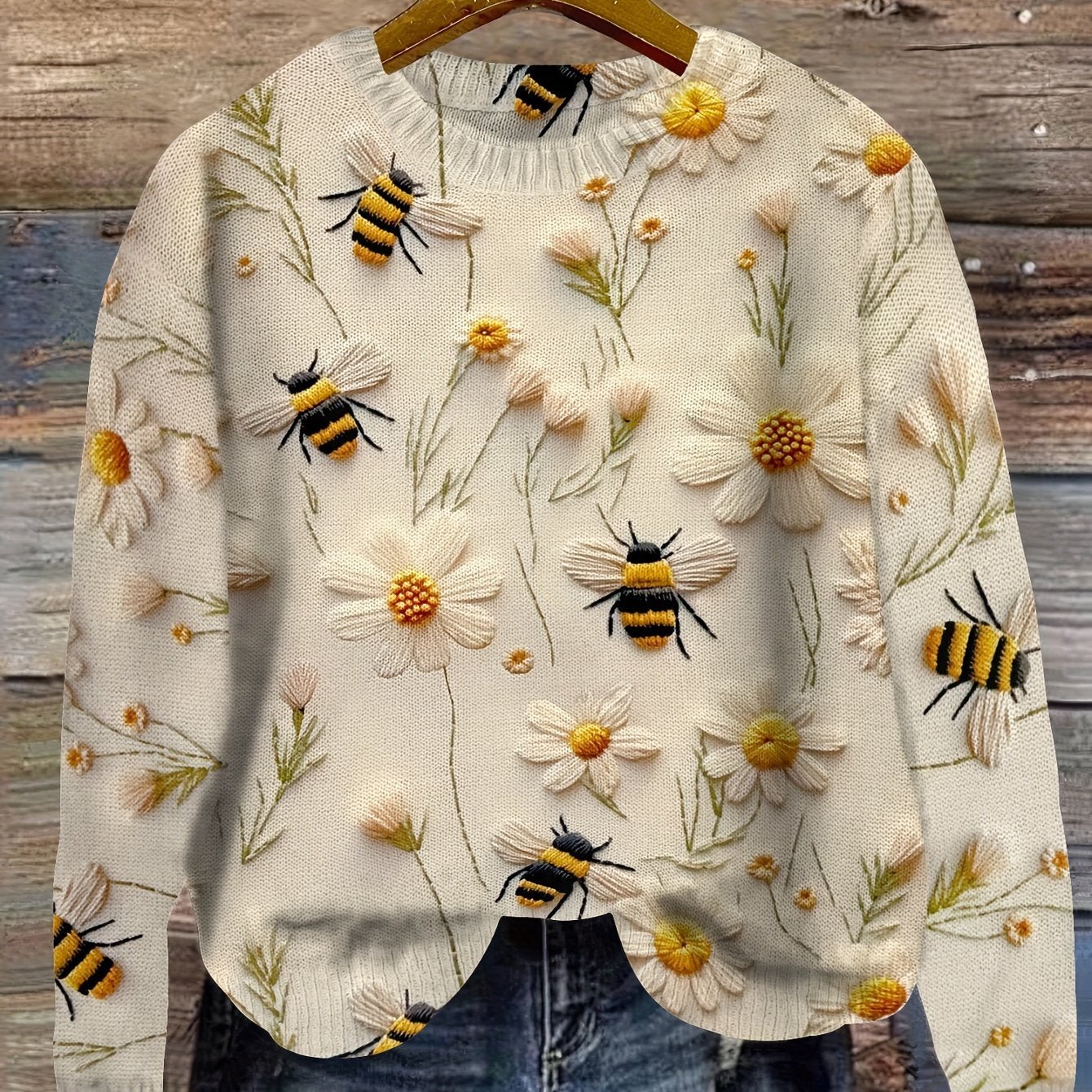 Flower & Bee Pattern Sweater, Versatile Crew Neck Long Sleeve Sweater For Spring & Fall, Women's Clothing