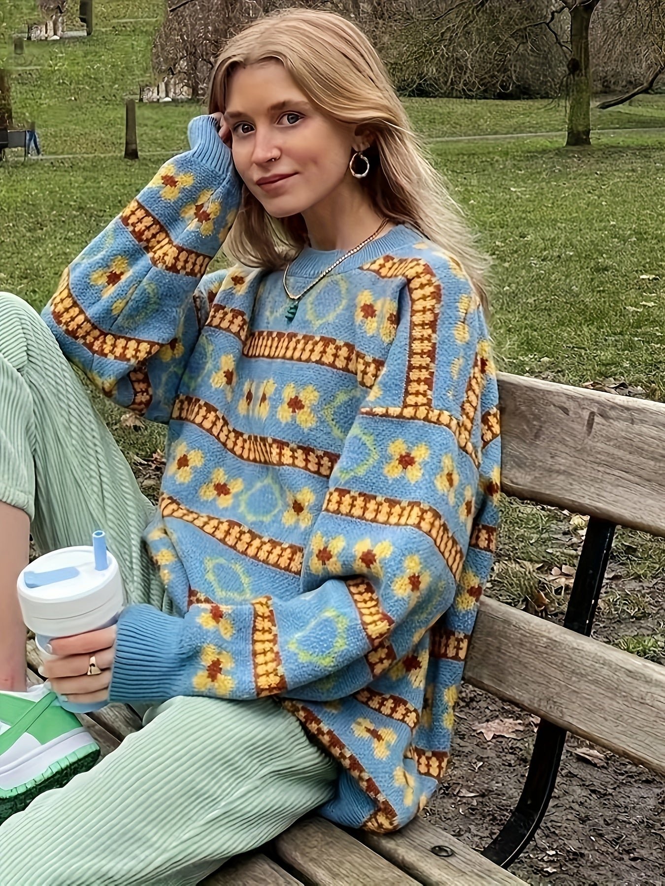 Plus Size Casual Sweater, Women's Plus Colorblock Floral Print Long Sleeve Round Neck Jumper