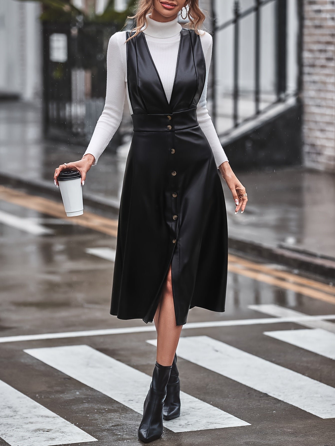 Faux Leather Button Decor Dress, Stylish Plunge Neck A-line Dress, Women's Clothing