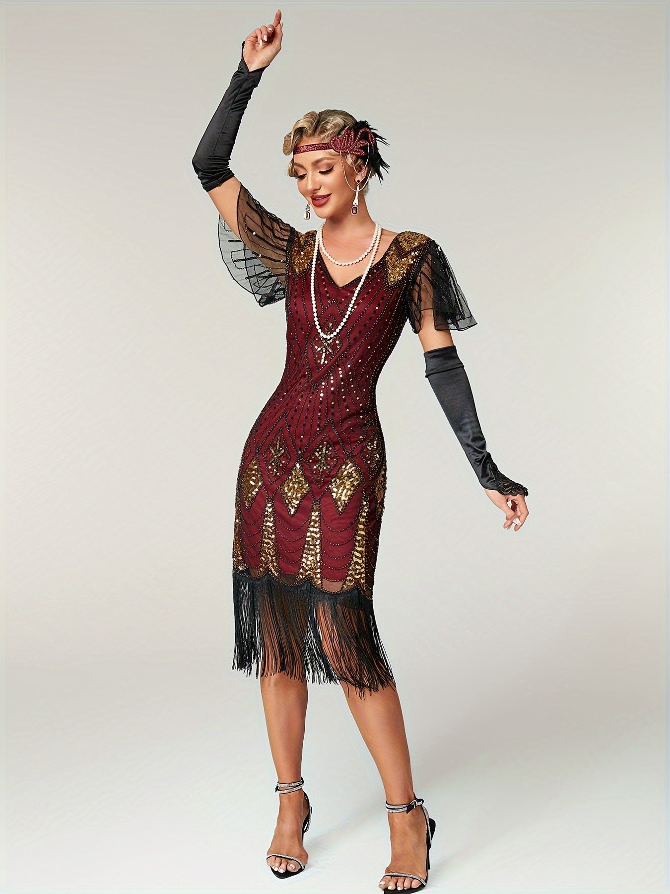 Sequin V Neck Dress, Elegant Fringe Hem Dress For Party & Club, Women's Clothing Wedding/Evening dress/Occasion/Engagement/Ceremony