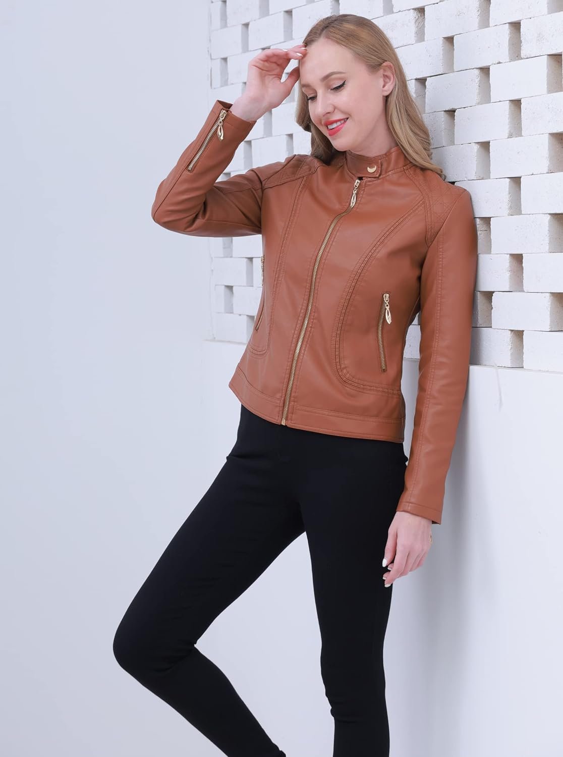 Women's Trendy Faux Leather Jacket Moto Short Jacket Fashion PU Jacket Coat
