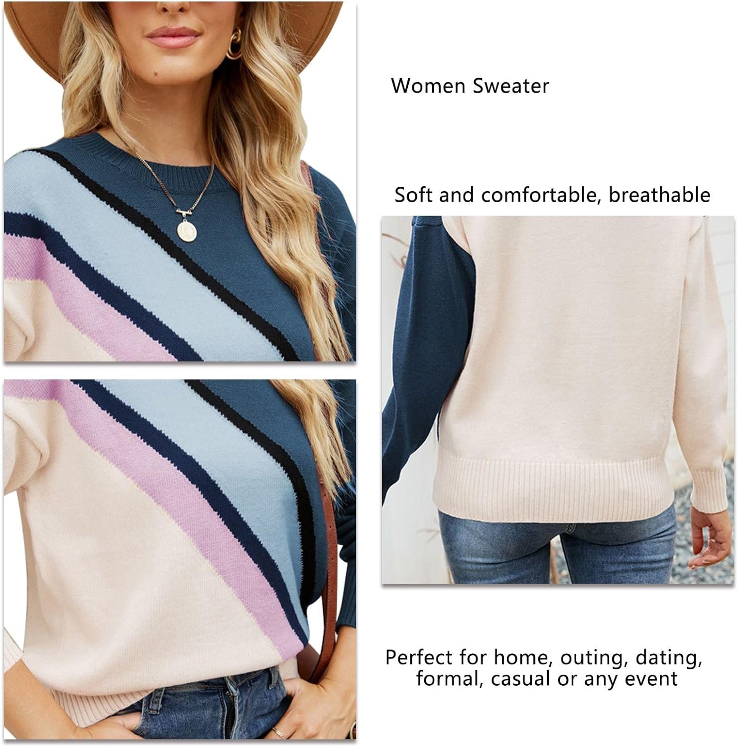 Women Crewneck Knitwear Fashion Colorblock Casual Sweater Loose Fit Pullover Knitwear Warm Soft Fabric Long Sleeve Sweater (Blue)