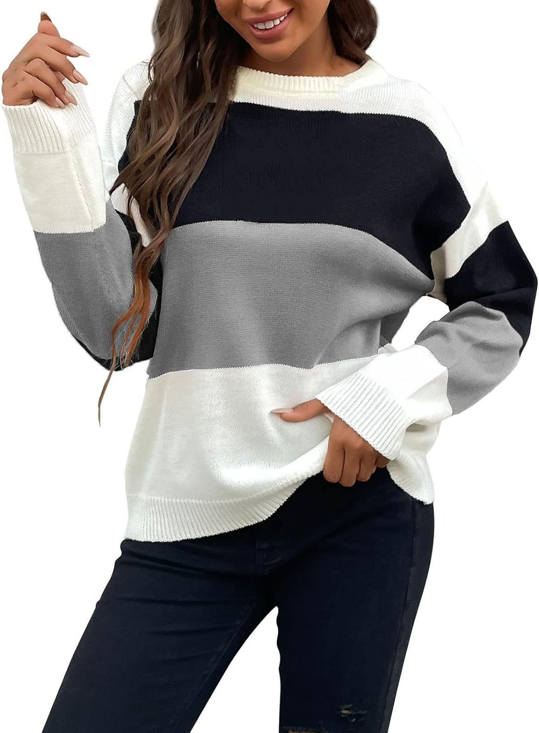 71HCpQ4Q2ZL._AC_SL1500 Womens Color Block Sweaters Long Sleeve Crewneck Pullover Knit Jumper Tops Fashion Casual Striped Knitwear Sweater
