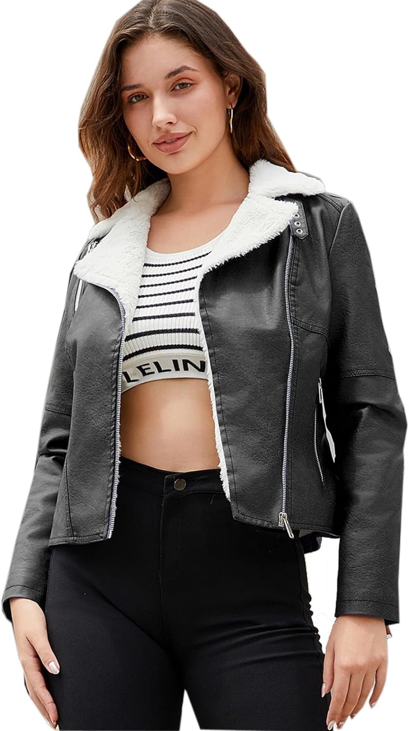 Women's Trendy Faux Leather Jacket Moto Short Jacket Fashion PU Jacket Coat