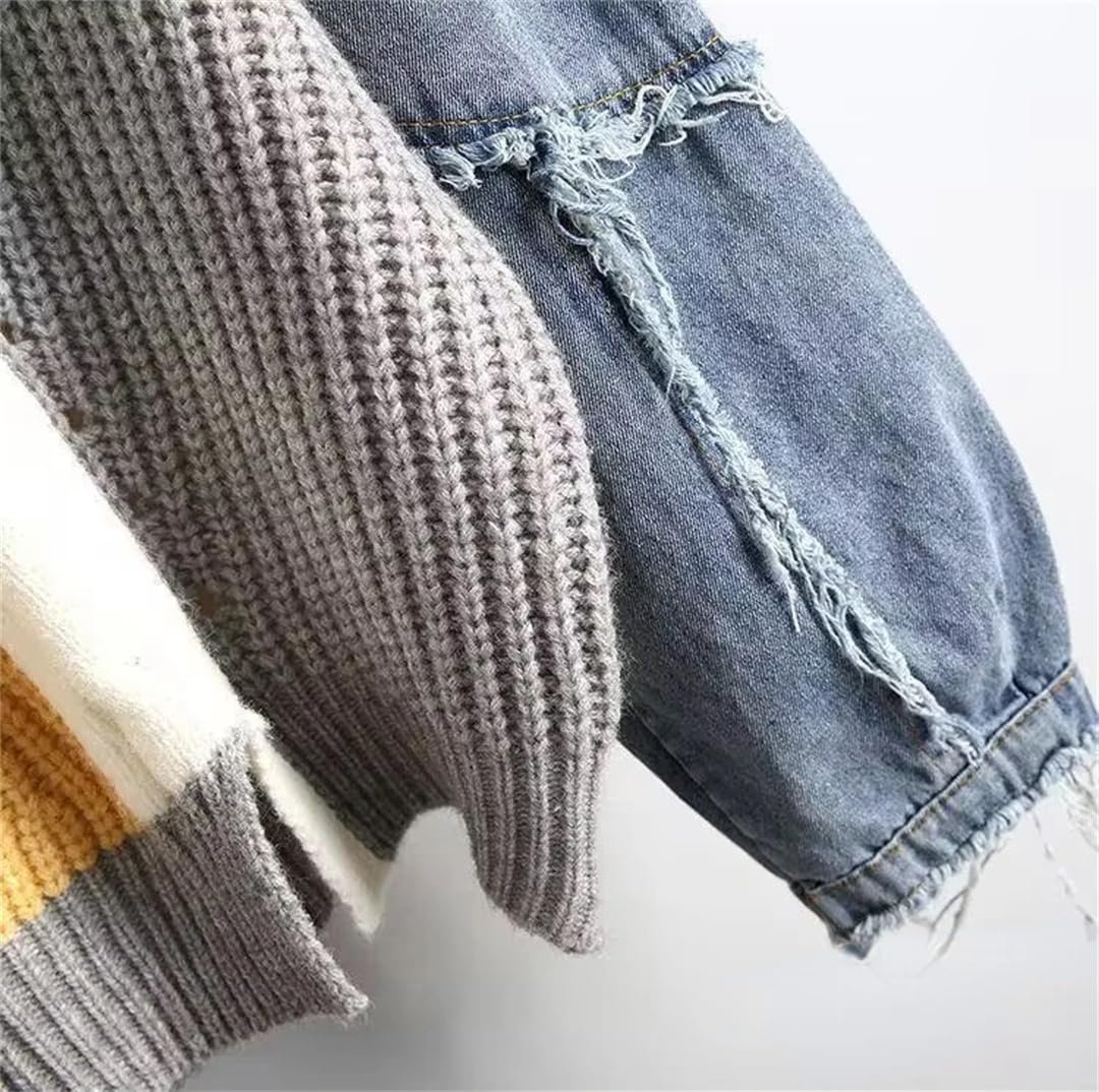 Fashion Women's Sweater Autumn Winter Contrast Denim Loose Fitting Pullover Street Fashion Casual O-Neck Knitwear Tops