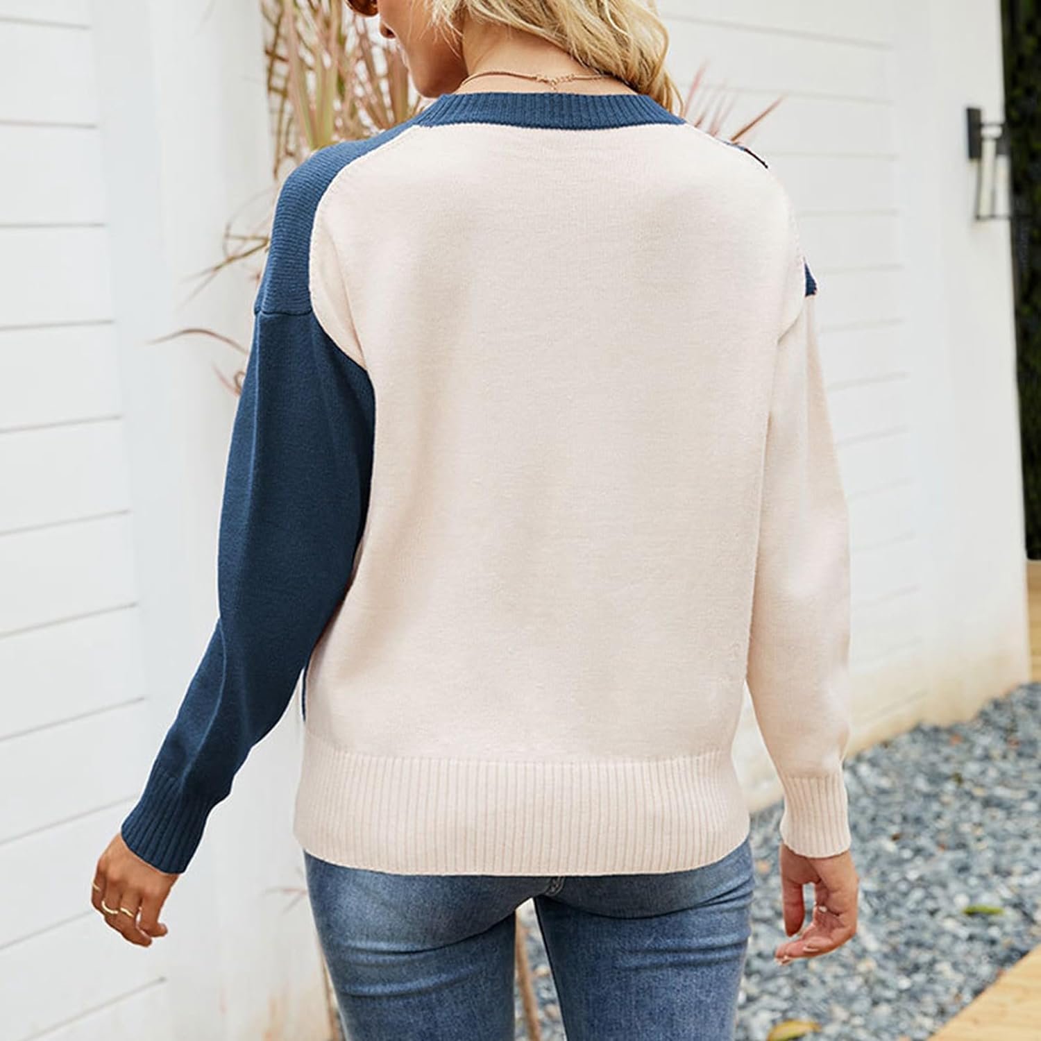 Women Crewneck Knitwear Fashion Colorblock Casual Sweater Loose Fit Pullover Knitwear Warm Soft Fabric Long Sleeve Sweater (Blue)