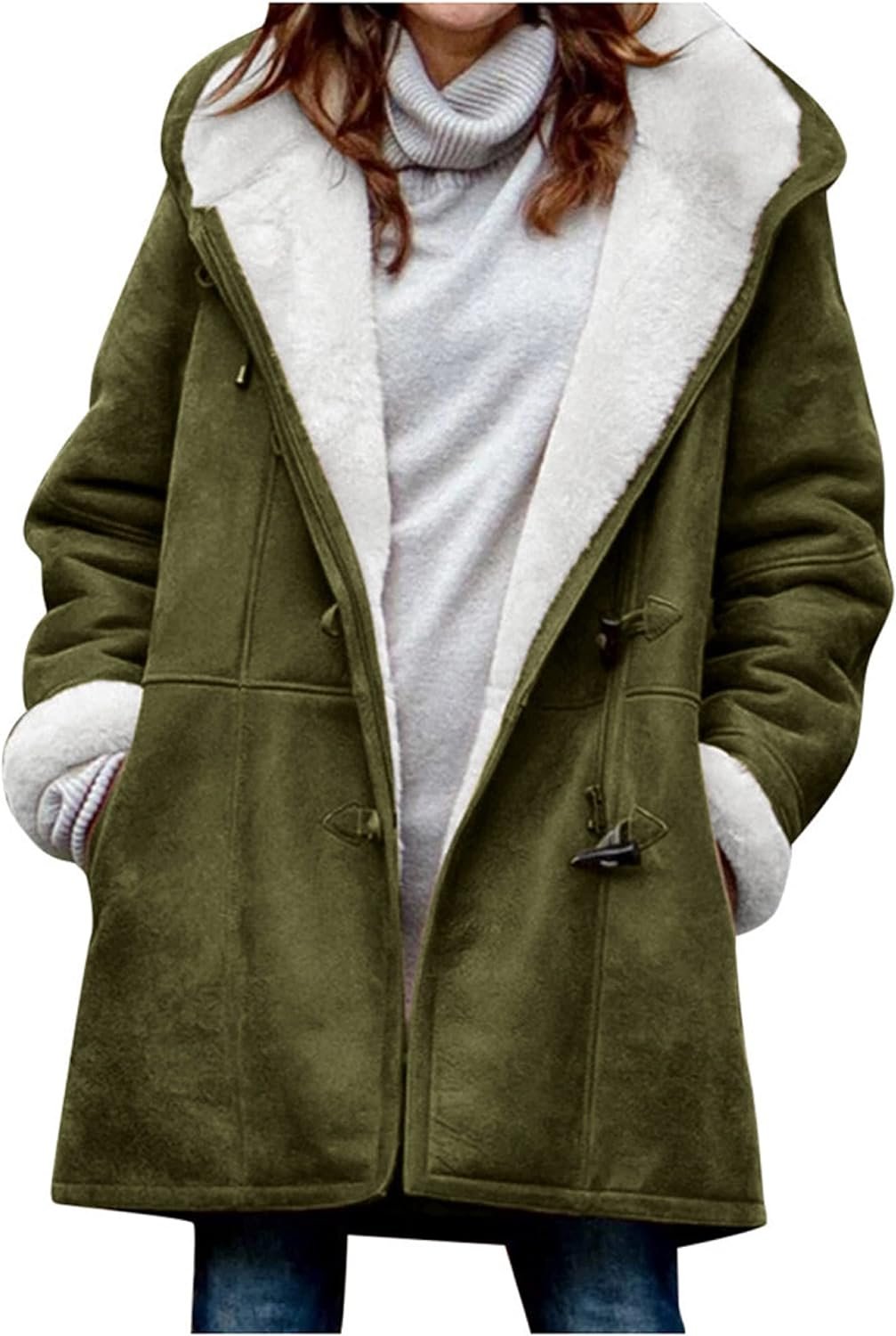Windproof Sherpa Lined Outerwear for Women Winter, Fashion Fleece Hooded Overcoat with Pockets, Warm and Thicken Parka Jacket
