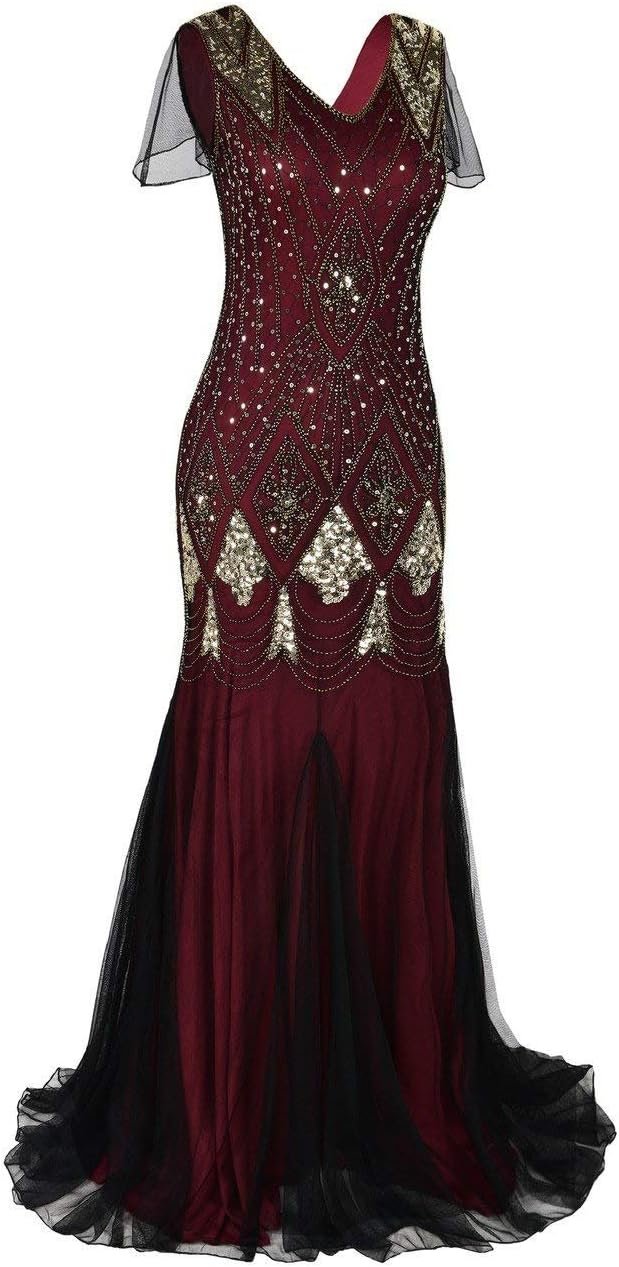 Women Evening Dress 1920s Flapper Cocktail Mermaid Plus Size Formal Gown with Long Gloves