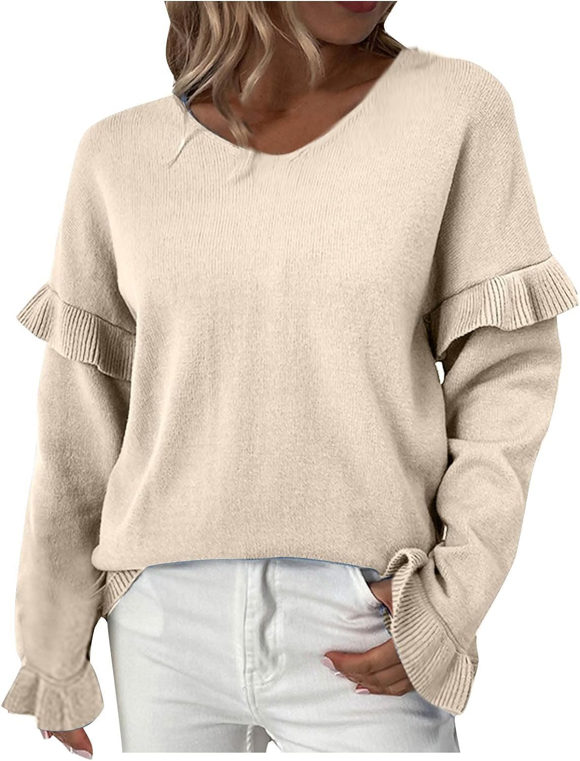 Dademeo Women Sweaters Fall Fashion Knit 2023 V Neck Long Sleeve Tops Casual Trendy Loose Knit Pullover Outwear Knitwear Tops