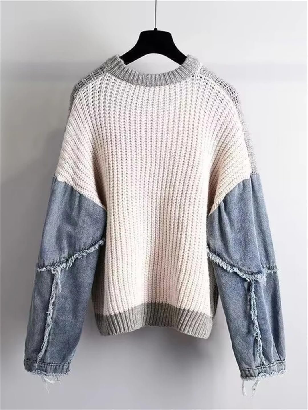 Fashion Women's Sweater Autumn Winter Contrast Denim Loose Fitting Pullover Street Fashion Casual O-Neck Knitwear Tops