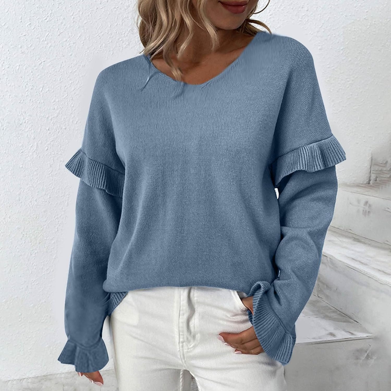 Dademeo Women Sweaters Fall Fashion Knit 2023 V Neck Long Sleeve Tops Casual Trendy Loose Knit Pullover Outwear Knitwear Tops