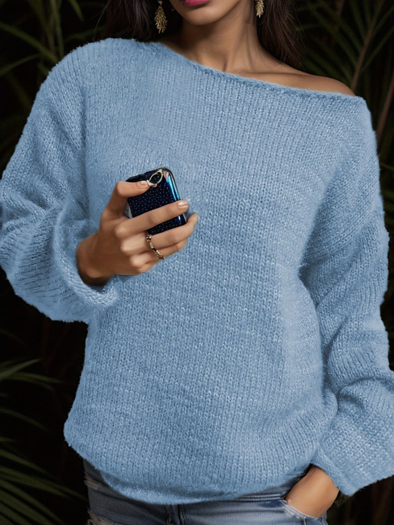 Solid Boat Neck Pullover Sweater, Casual Long Sleeve Drop Shoulder Loose Sweater, Women's Clothing