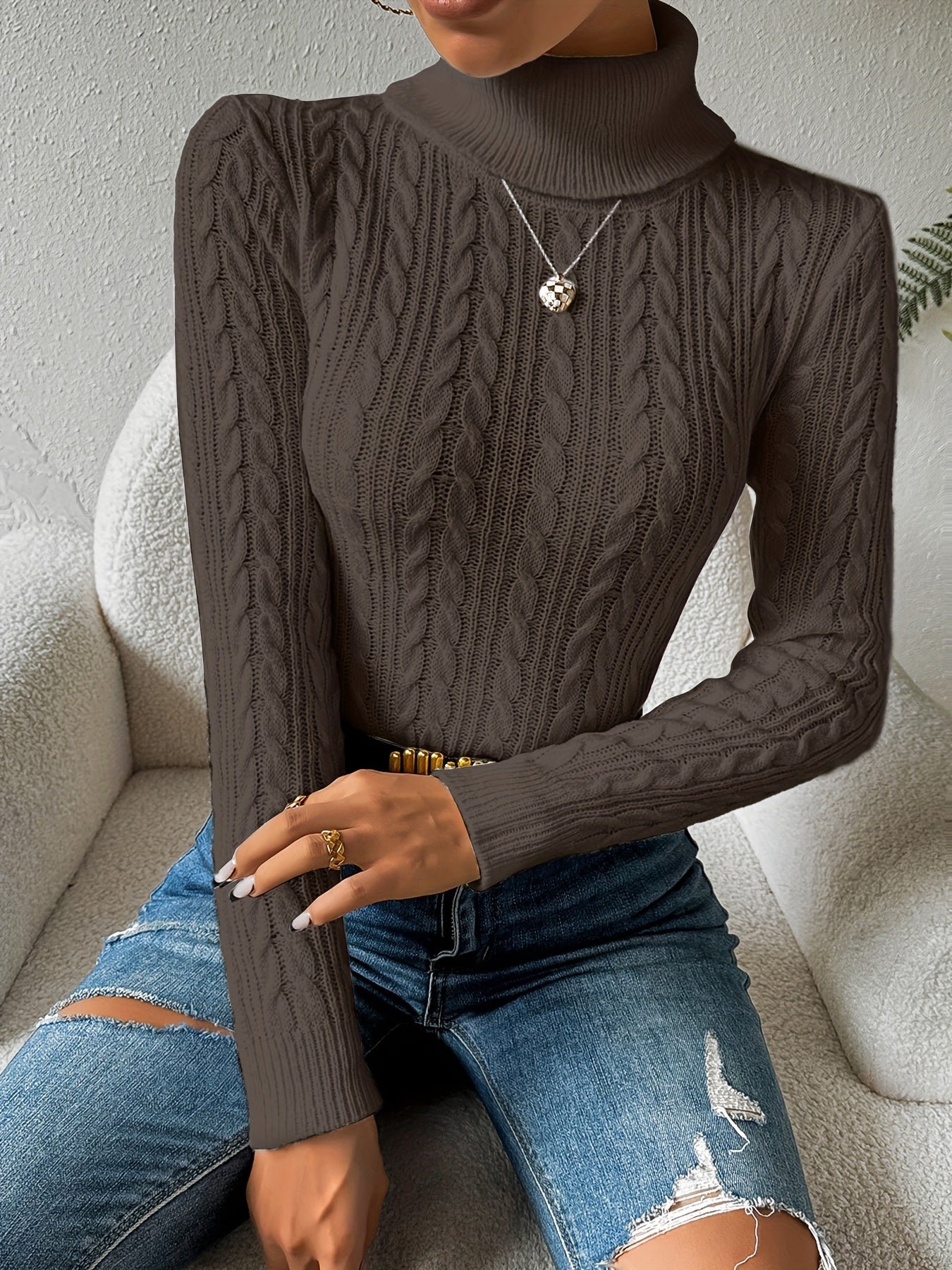 Solid Turtle Neck Cable Knit Sweater, Casual Long Sleeve Slim Sweater, Women's Clothing