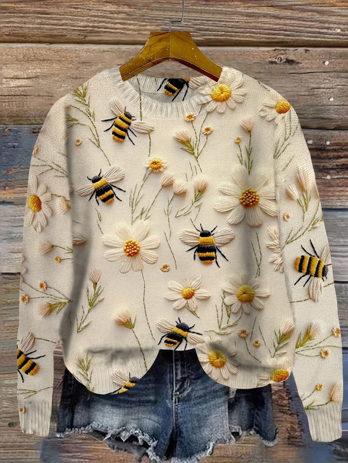 Flower & Bee Pattern Sweater, Versatile Crew Neck Long Sleeve Sweater For Spring & Fall, Women's Clothing
