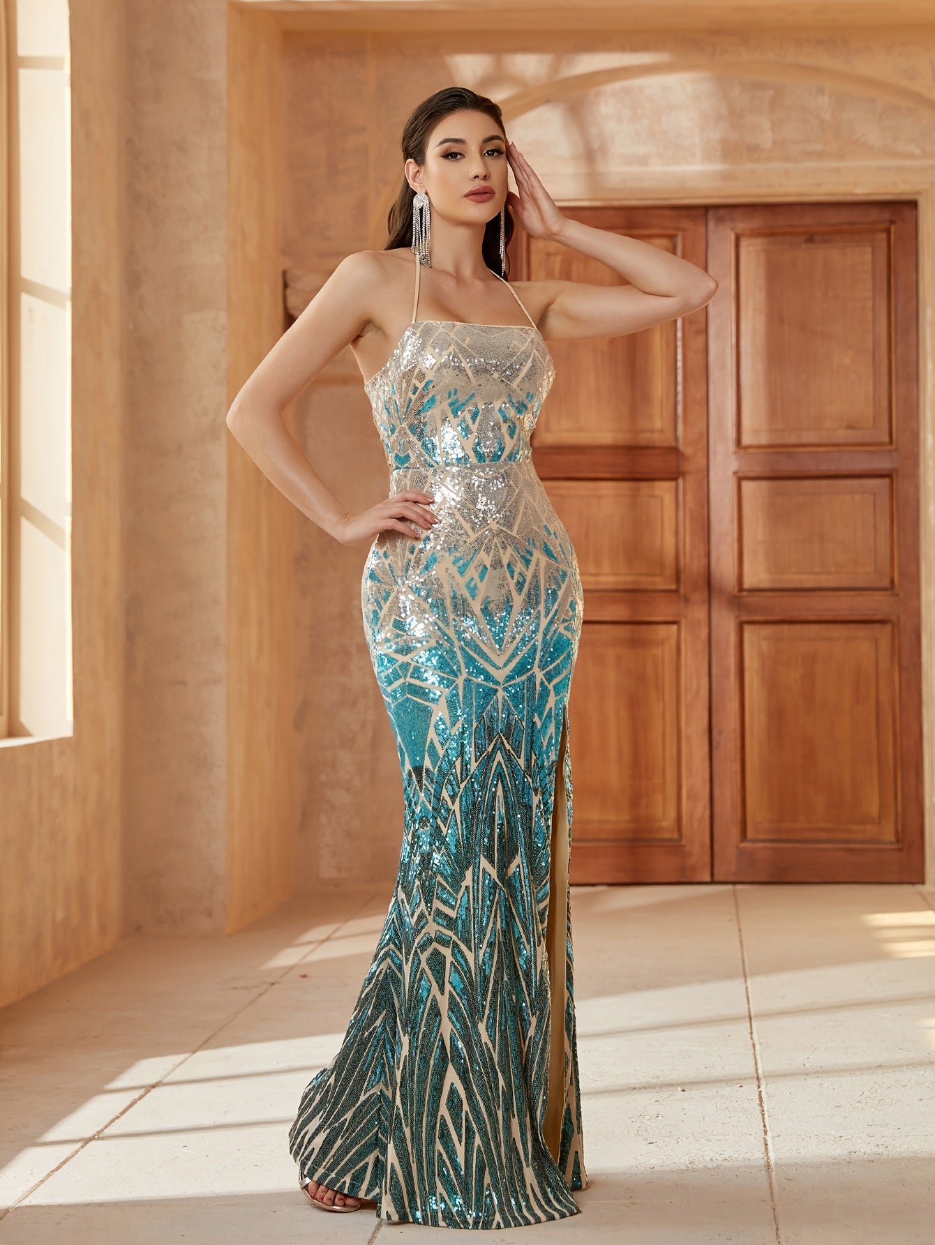 Sequin Spaghetti Strap Dress, Elegant Criss Cross Back Split Thigh Party Dress, Women's Clothing