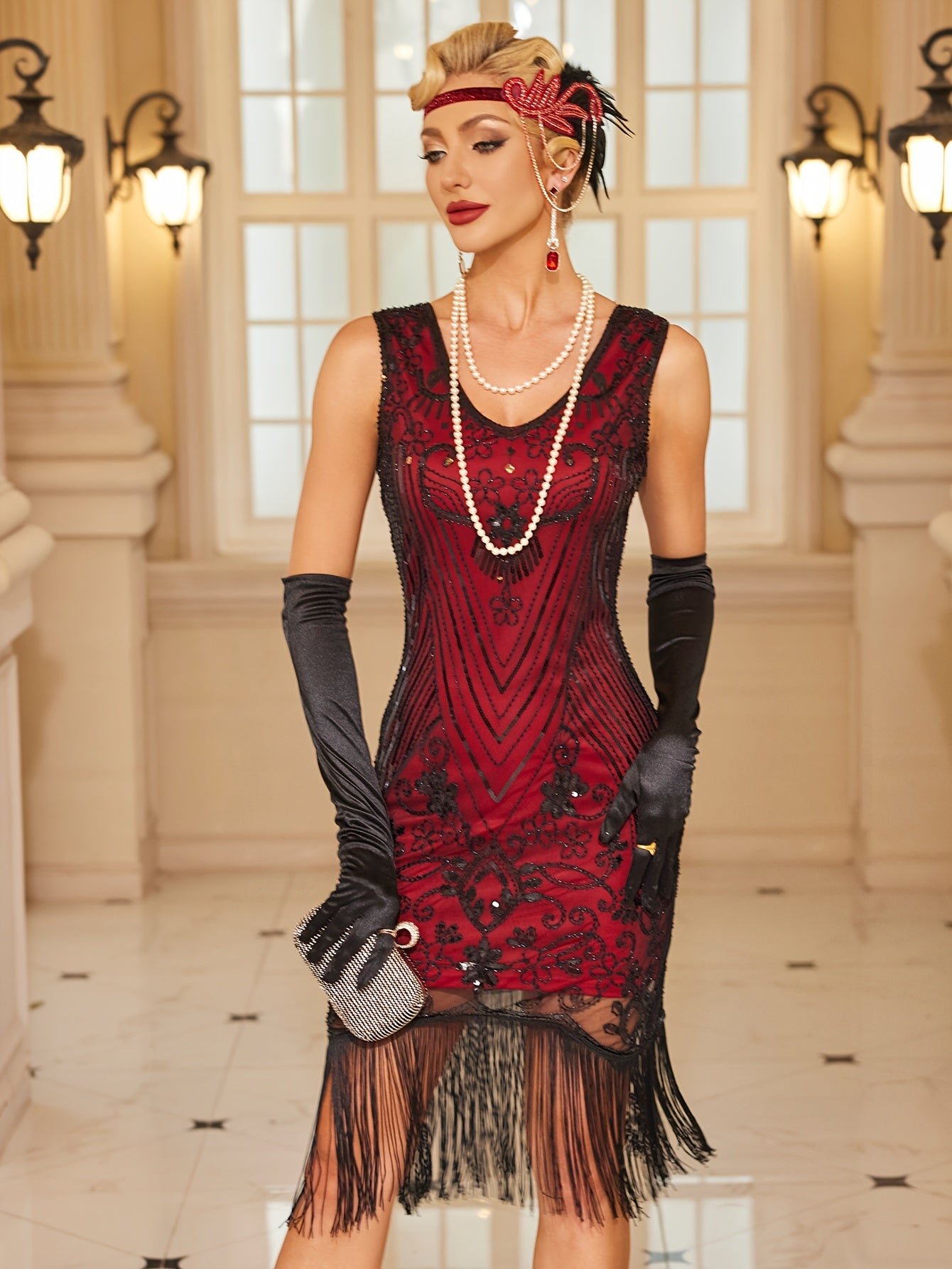 Fringe Hem Sequin Decor Flapper Dress, Retro Sleeveless V Neck Tank Slim Dress For Party & Banquet, Women's Clothing