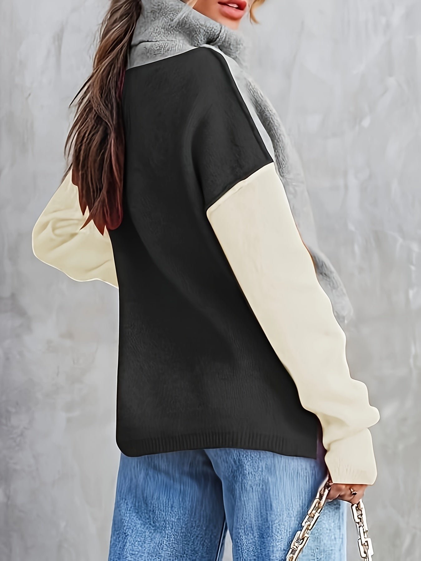 Color Block Turtle Neck Pullover Sweater, Casual Long Sleeve Split Side Sweater For Fall & Winter, Women's Clothing