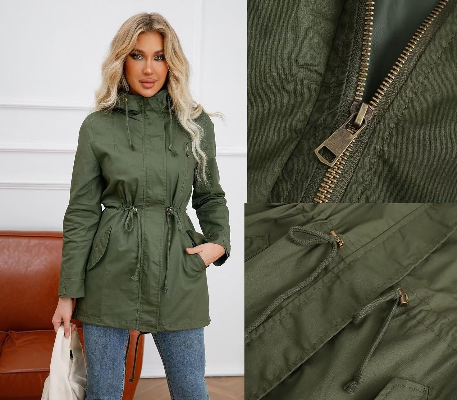 Women's Ligtweight Jackets Anorak Utility Drawstring Waist Hoodie Zip Up Fall Casual Coat with Pockets
