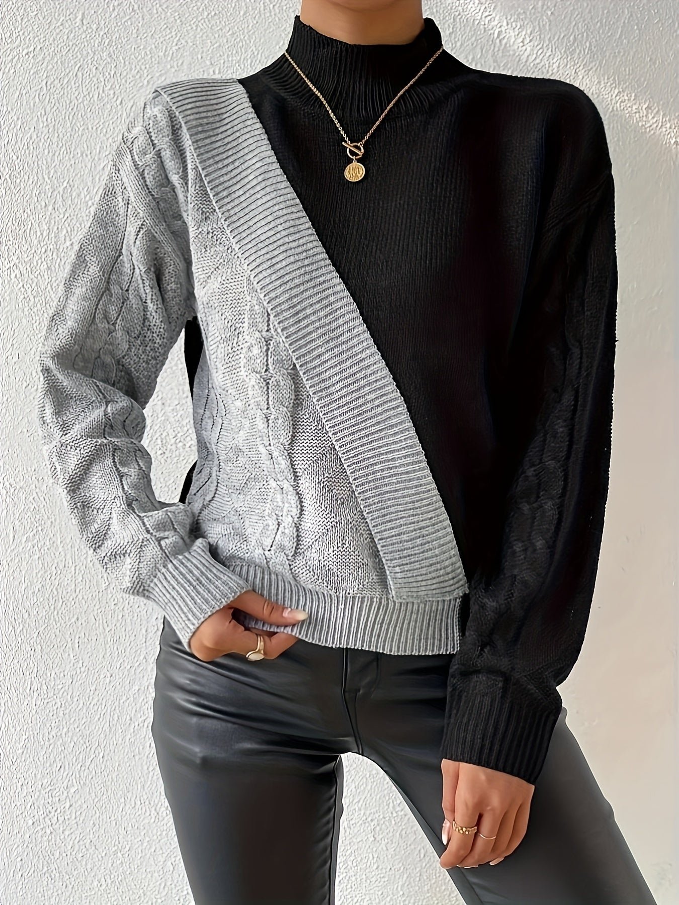 Color Block Mock Neck Pullover Sweater, Casual Long Sleeve Drop Shoulder Sweater, Women's Clothing