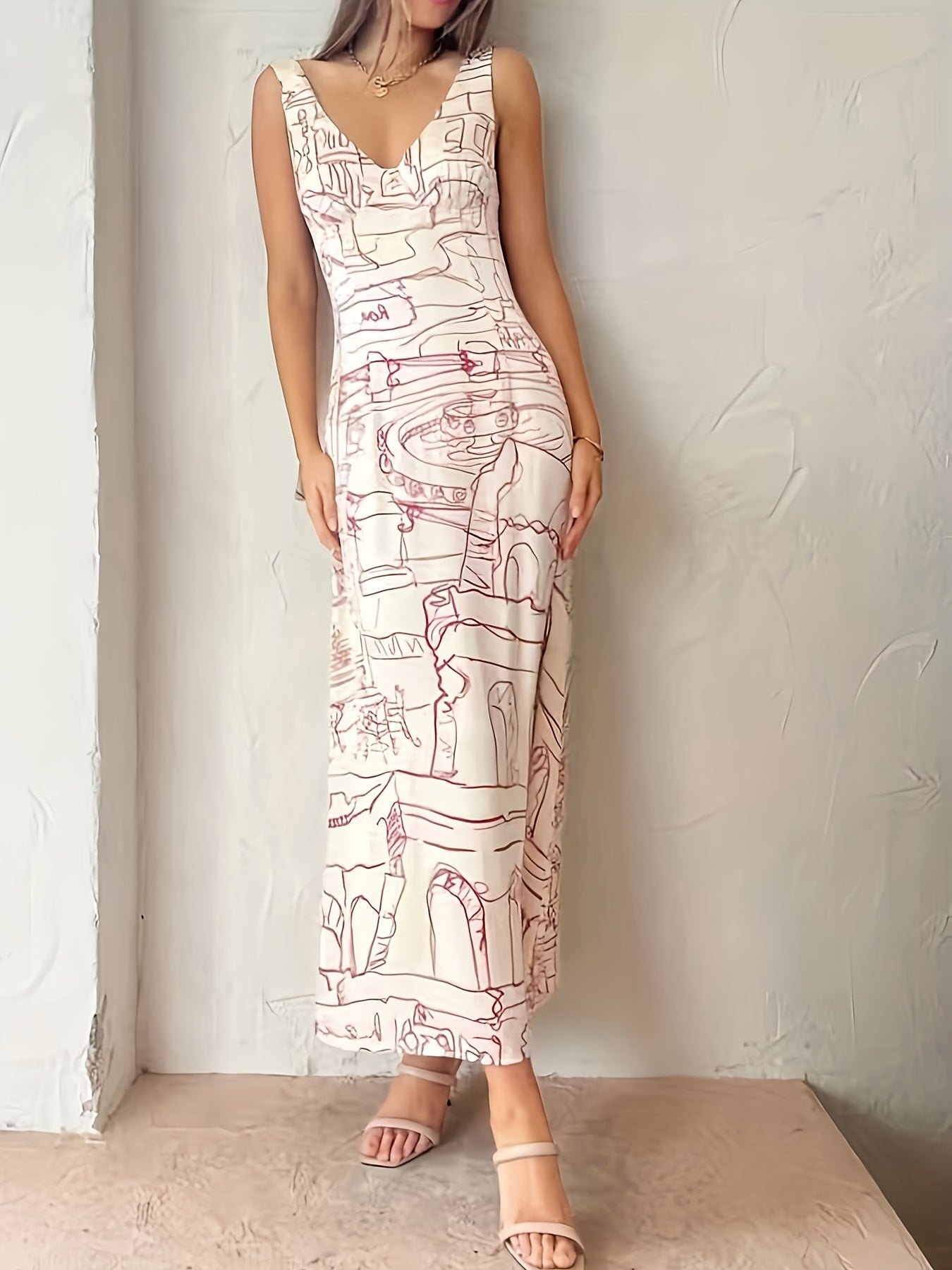 Abstract Line Print V Neck Tank Dress, Vintage Backless Slim Fit Ankle Tank Dress For Spring & Summer, Women's Clothing