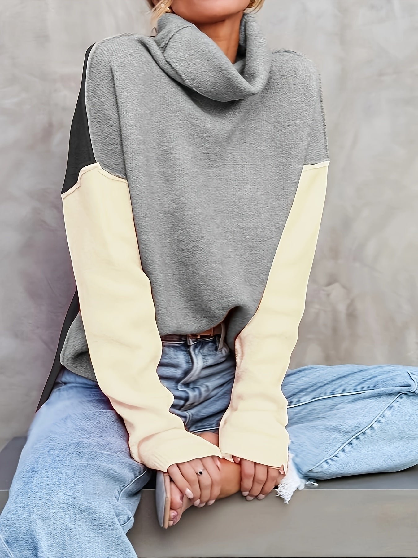 Color Block Turtle Neck Pullover Sweater, Casual Long Sleeve Split Side Sweater For Fall & Winter, Women's Clothing