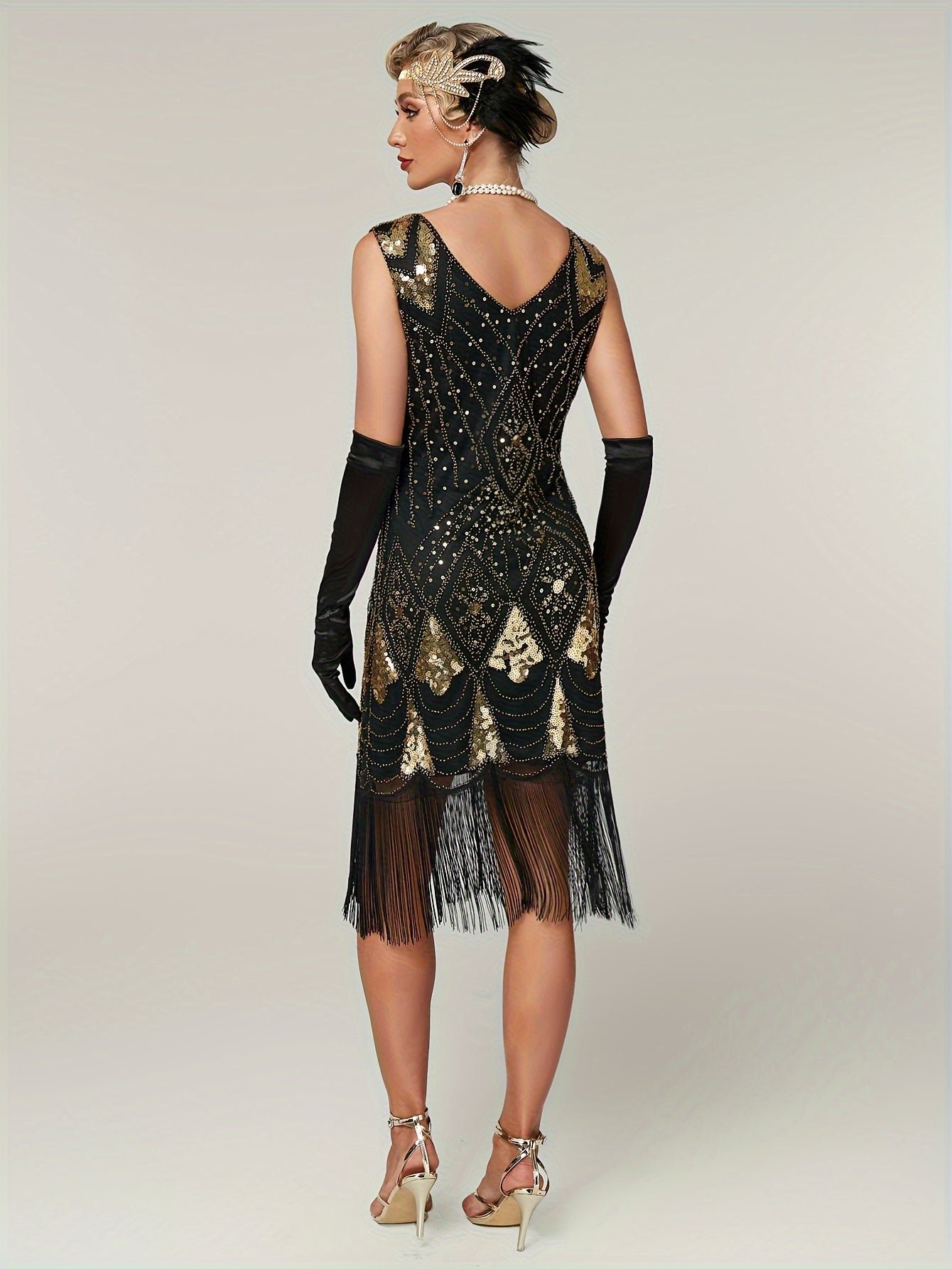 Sparkling Sequin V Neck Dress, Elegant Sleeveless Sheath Fringe Hem Dance Dress For Party & Club, Women's Clothing