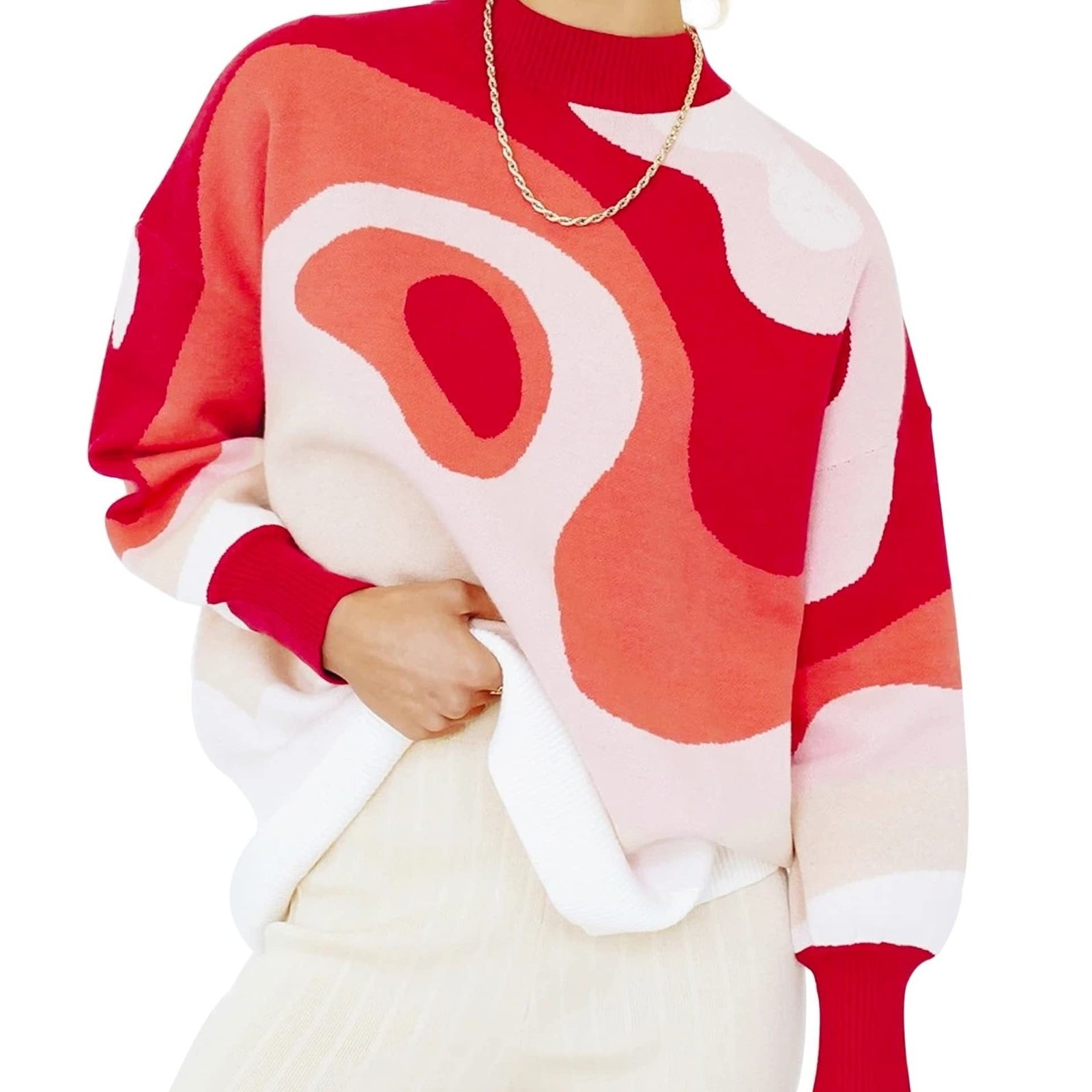 Plus Size Casual Sweater, Women's Plus Abstract Print Long Sleeve Mock Neck Medium Stretch Pullover Jumper