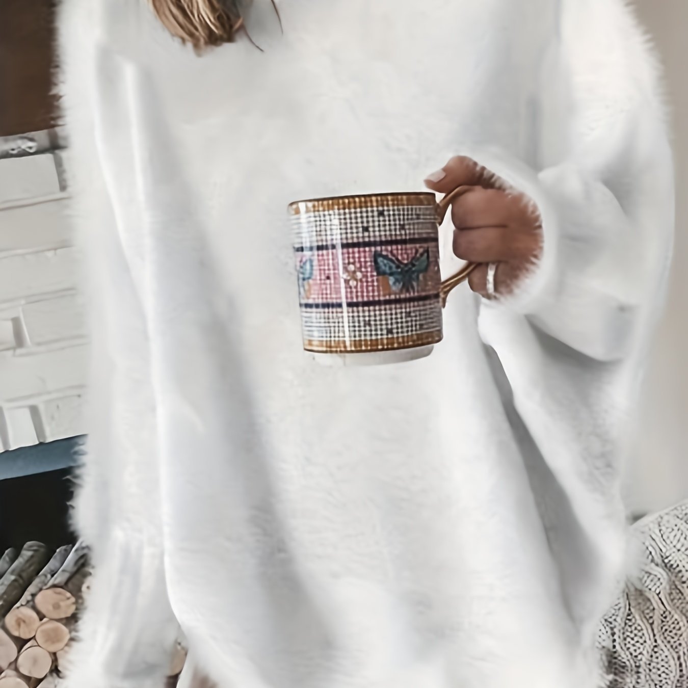 Plus Size Casual Sweater, Women's Plus Solid Fluffy Round Neck Long Sleeve Sweater