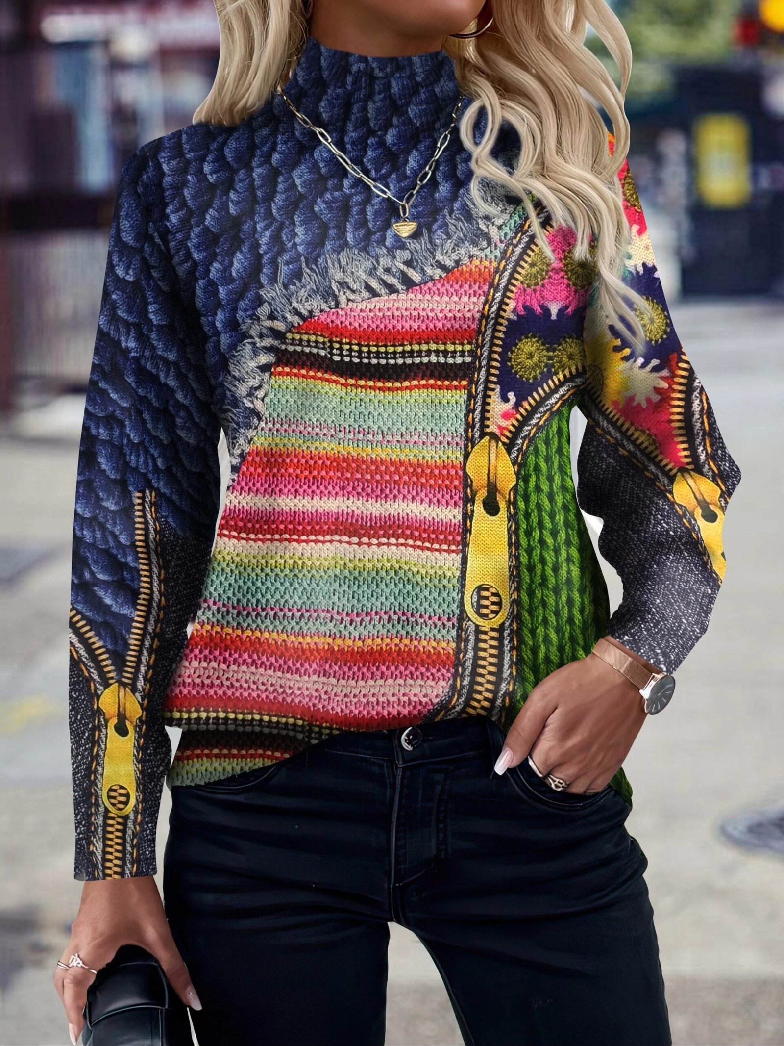 FULL PRINTED Knitted Pullover, Casual Long Sleeve Mock Neck Top, Women's Clothing