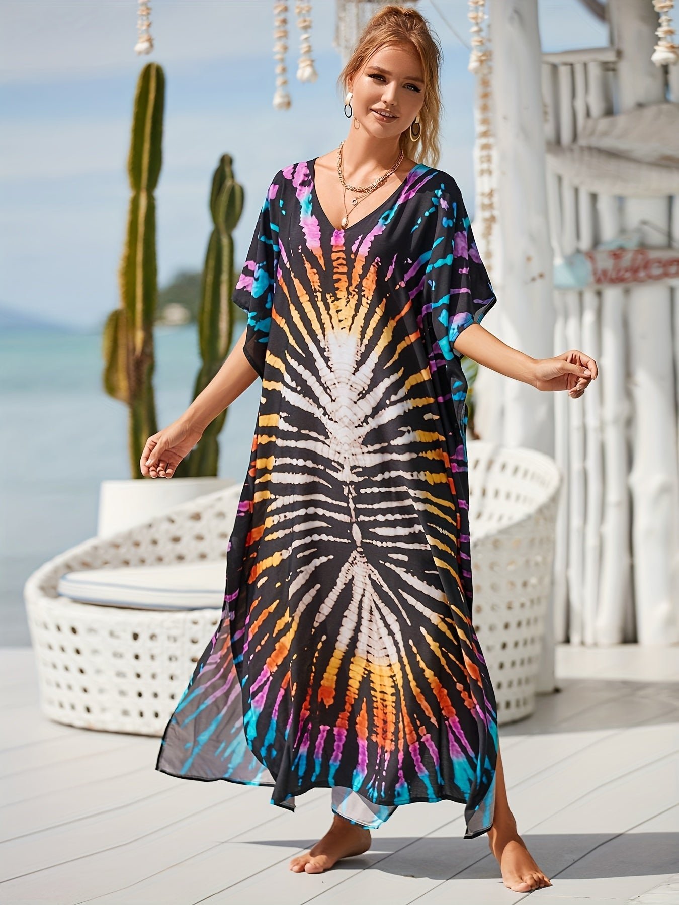 8a5b0125dd7bd527bc10fd16904222bc Plus Size Vacay Dress, Women's Plus Leaf Print Bat Sleeve V Neck Split Hem Cover Up Maxi Dress