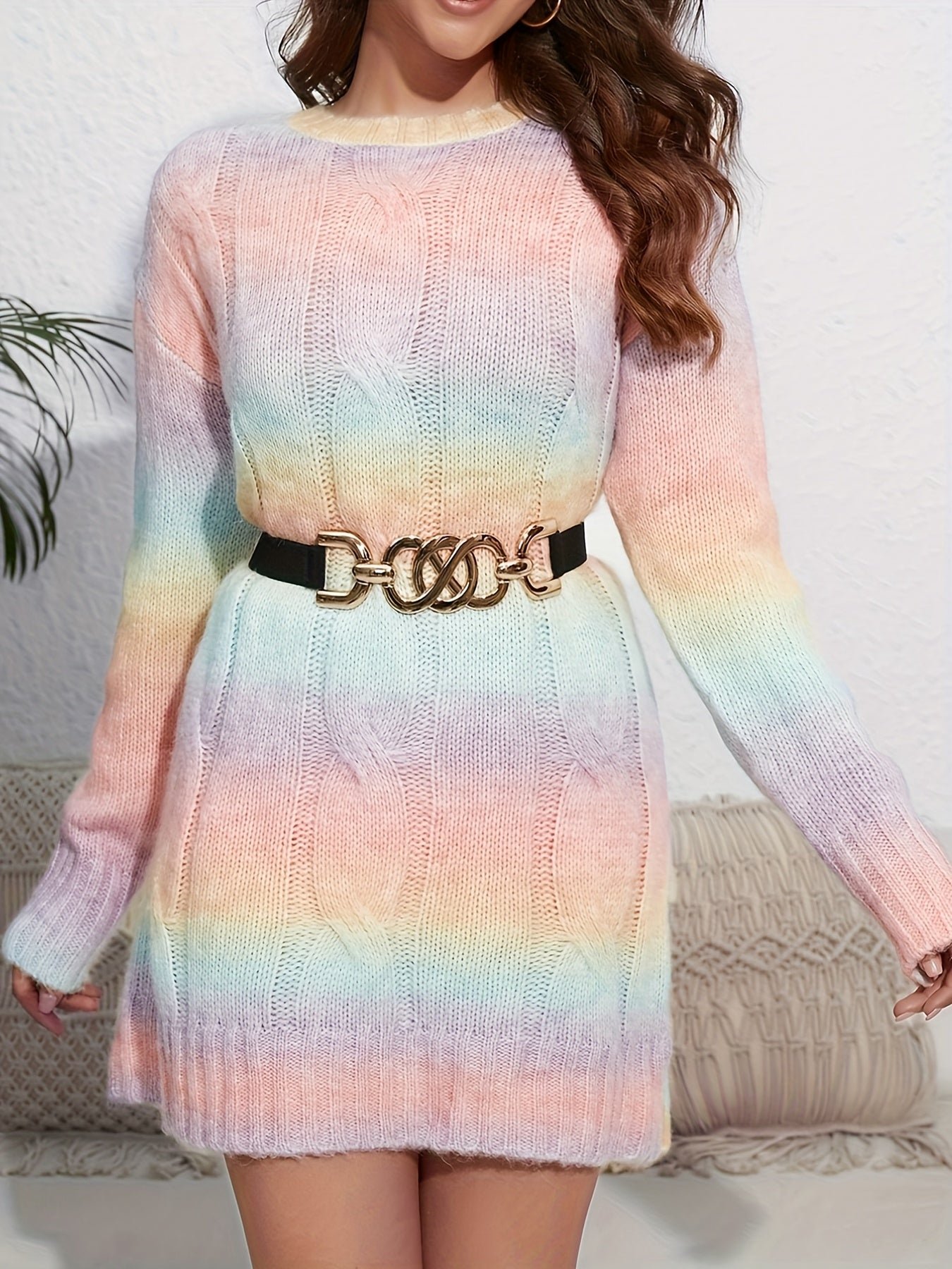 Gradient Color Cable Knit Sweater, Casual Long Sleeve Top For Fall & Winter, Women's Clothing