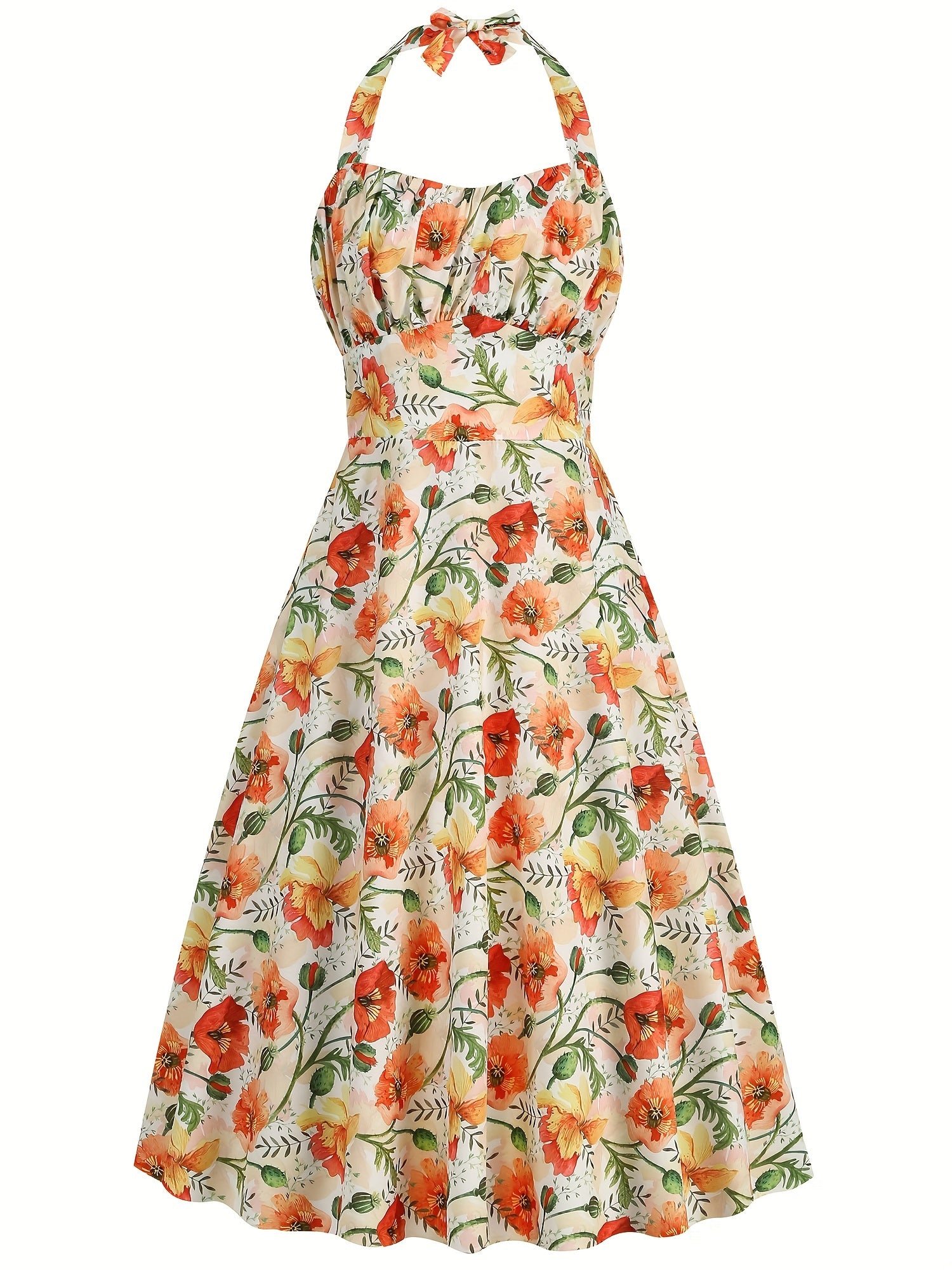 Floral Print Wide Strap Dress, Vacation Style Sleeveless Ruched Bust A-line Dress For Spring & Summer, Women's Clothing