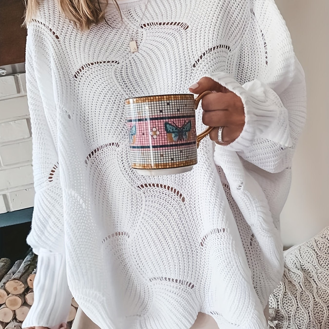 Solid Cutout Irregular Hem Knit Sweater, Casual Crew Neck Long Sleeve Pullover Sweater, Women's Clothing