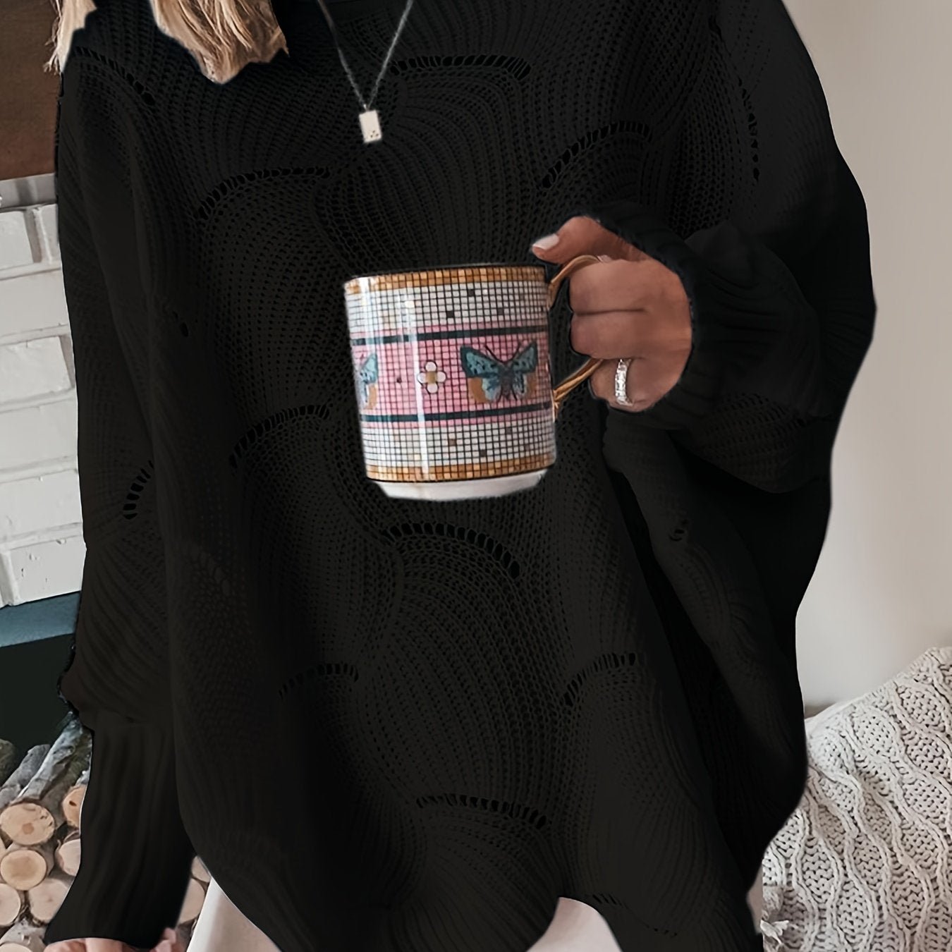 Solid Cutout Irregular Hem Knit Sweater, Casual Crew Neck Long Sleeve Pullover Sweater, Women's Clothing